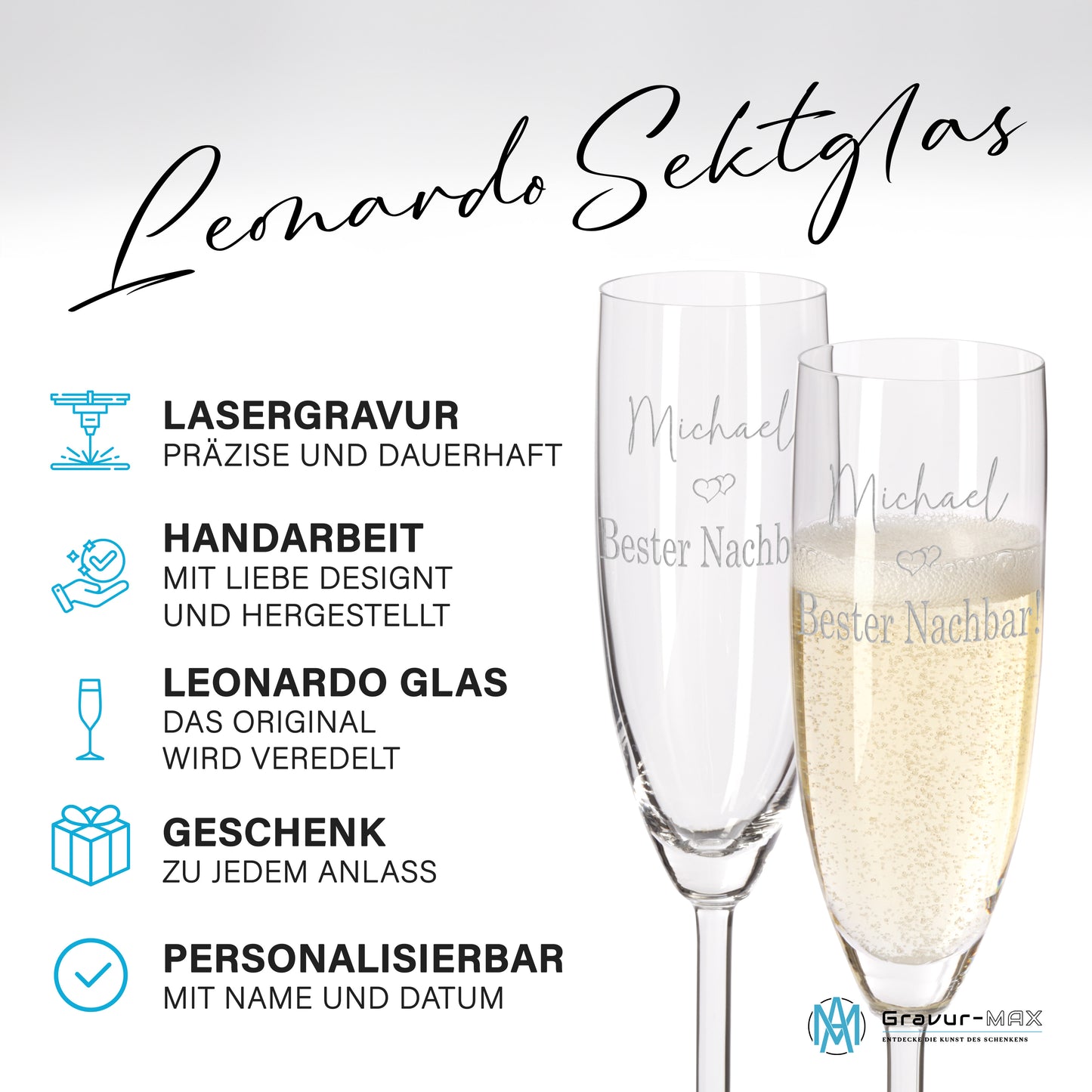 Sektglas mit Gravur Leonardo Daily "DEINE WUNSCHNAMEN oder TEXT MIT DOPPELHERZ" 2 Gläser mit Wunschname
