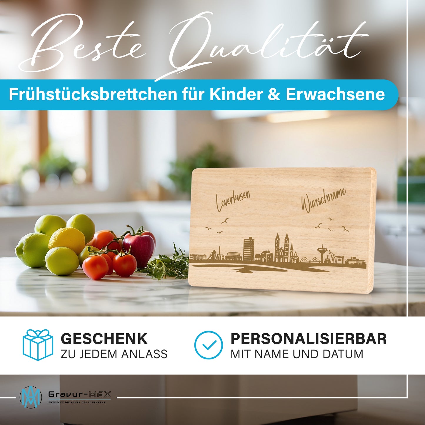 Frühstücksbrettchen 220x120mm mit Gravur mit der Skyline von Leverkusen personalisierbar mit Wunschname