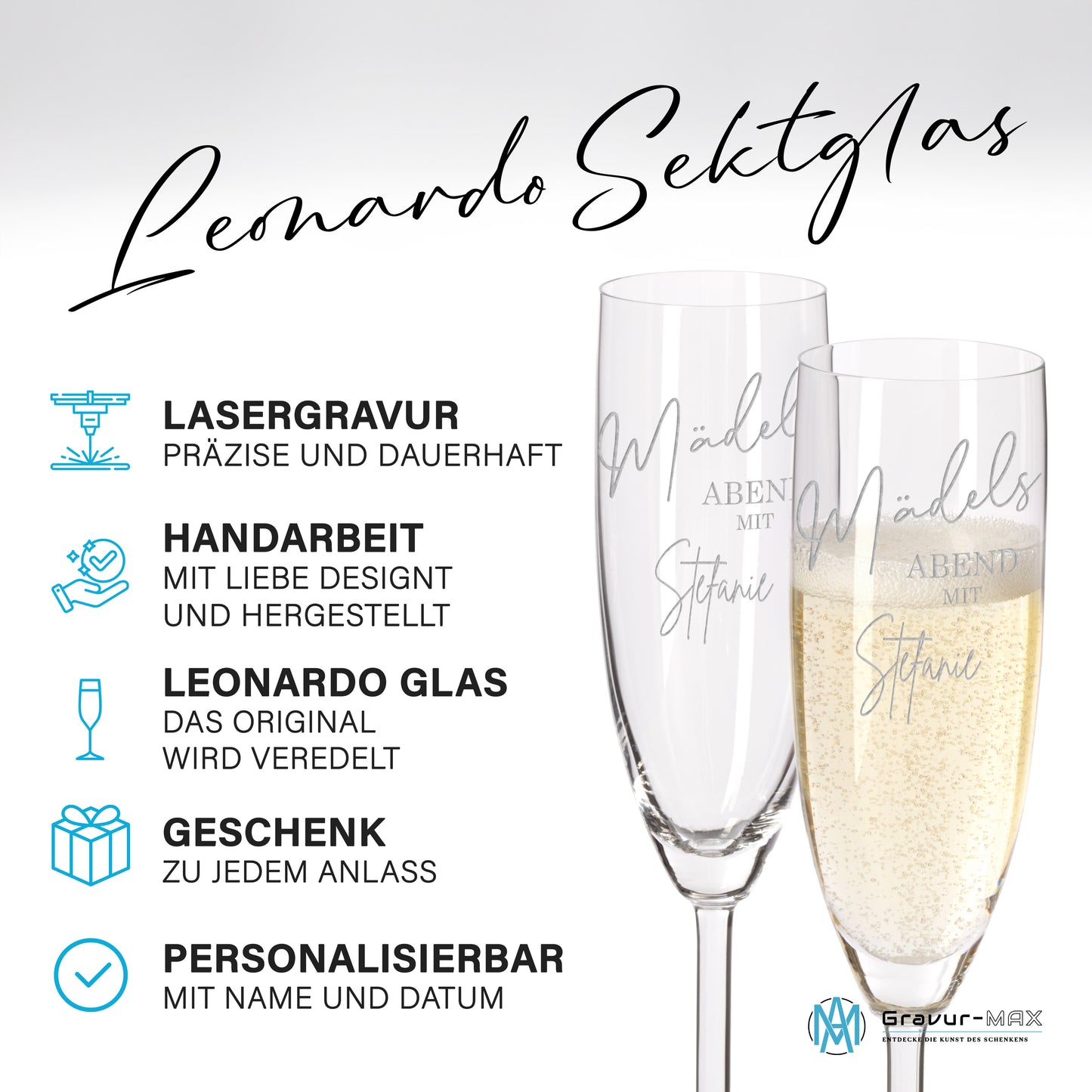 Sektglas mit Gravur Leonardo Daily "MÄDELS ABEND" mit Wunschname