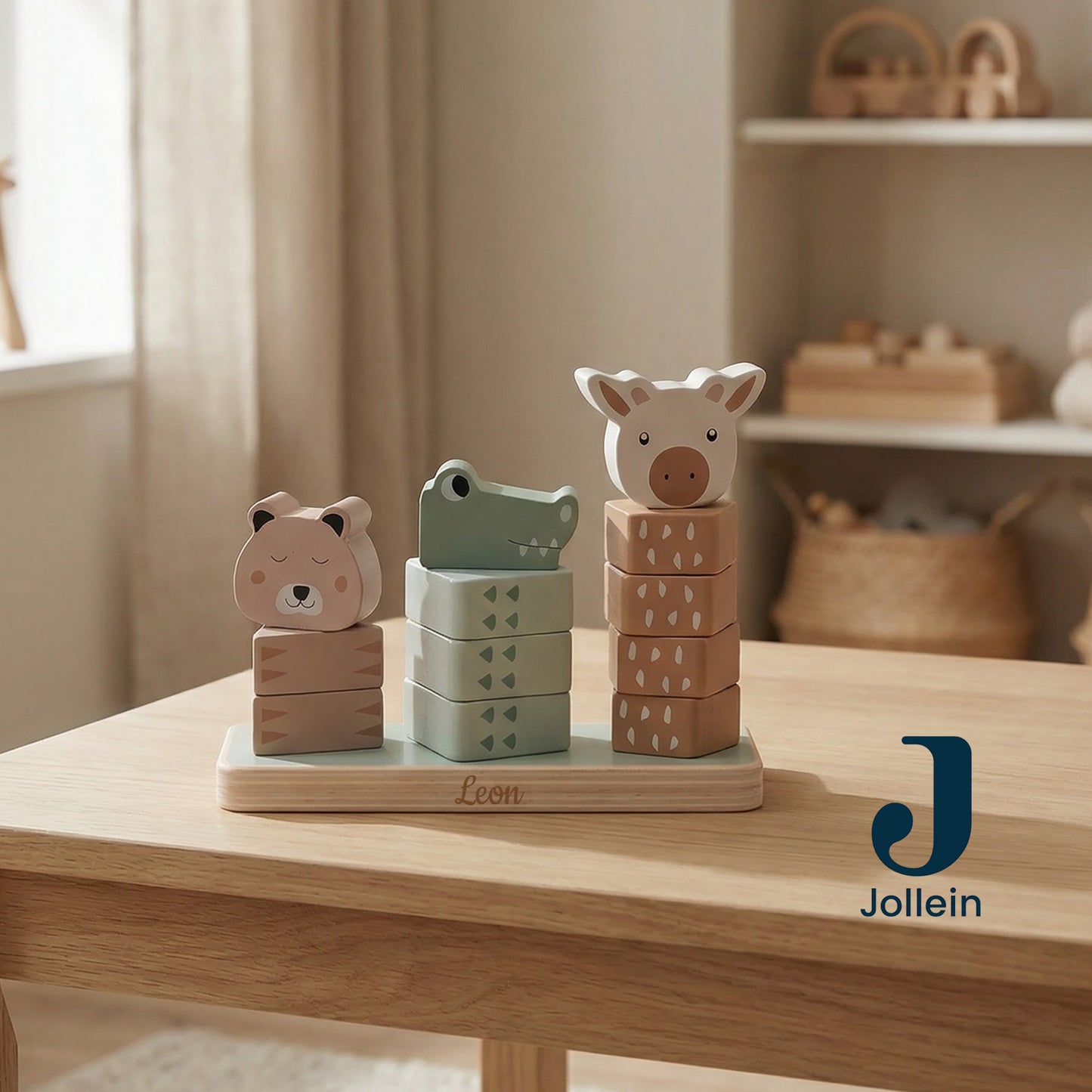 Jollein Stapelturm personalisierbar mit Name & Datum aus FSC-Holz - Babygeschenk zur Geburt oder Taufe