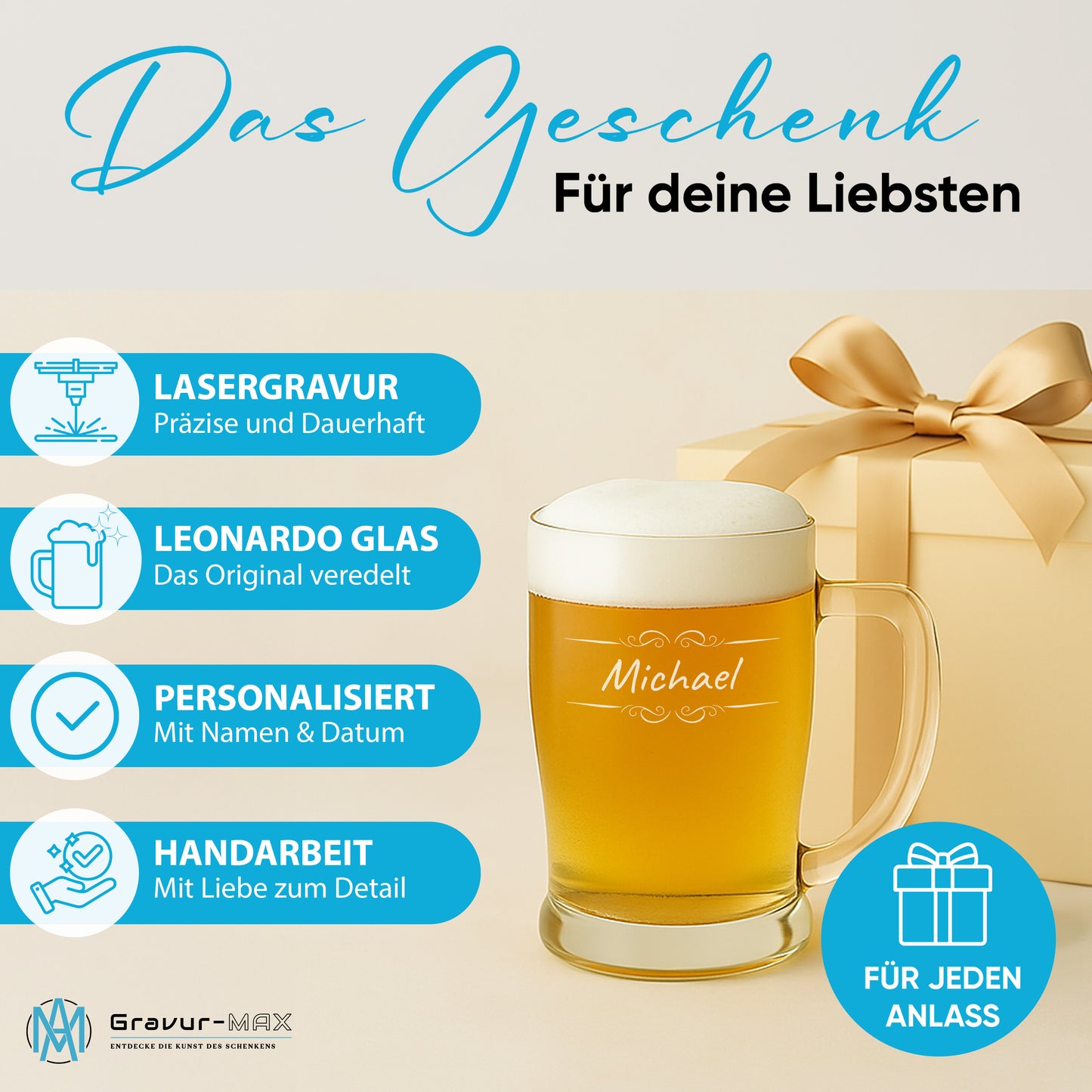 Bierkrug 0,5L mit Gravur Leonardo Taverna Bierglas "doppel Ranke" mit Wunschname