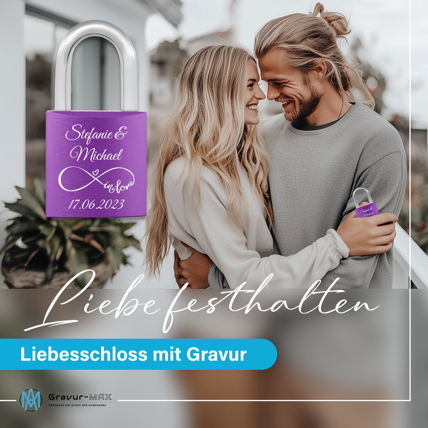 Liebesschloss in Lila mit Gravur "Herzen" personalisiert mit Wunschnamen in 6 ver. Farben