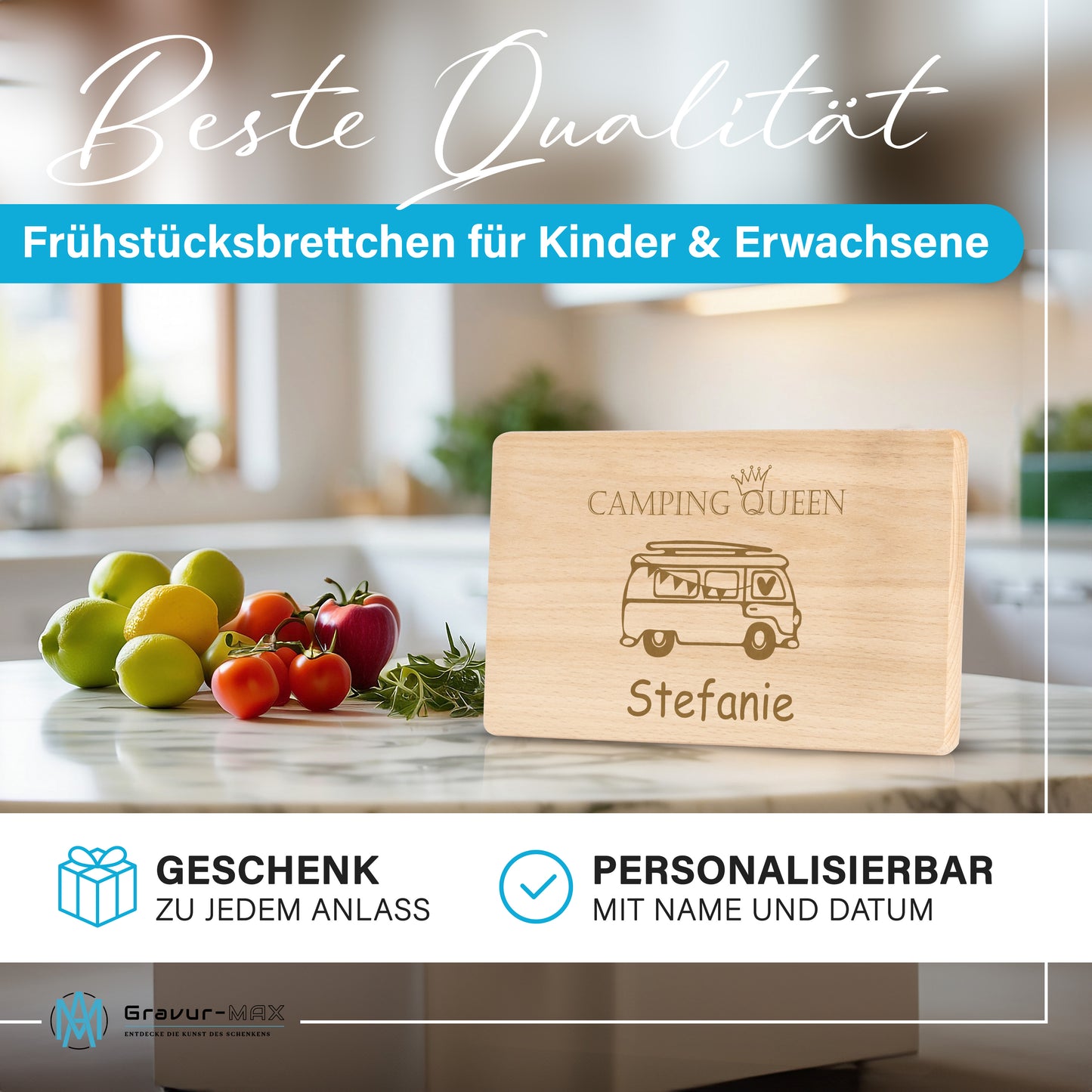 Frühstücksbrettchen mit Gravur Camping "BULLI CAMPING Queen" mit Wunschname