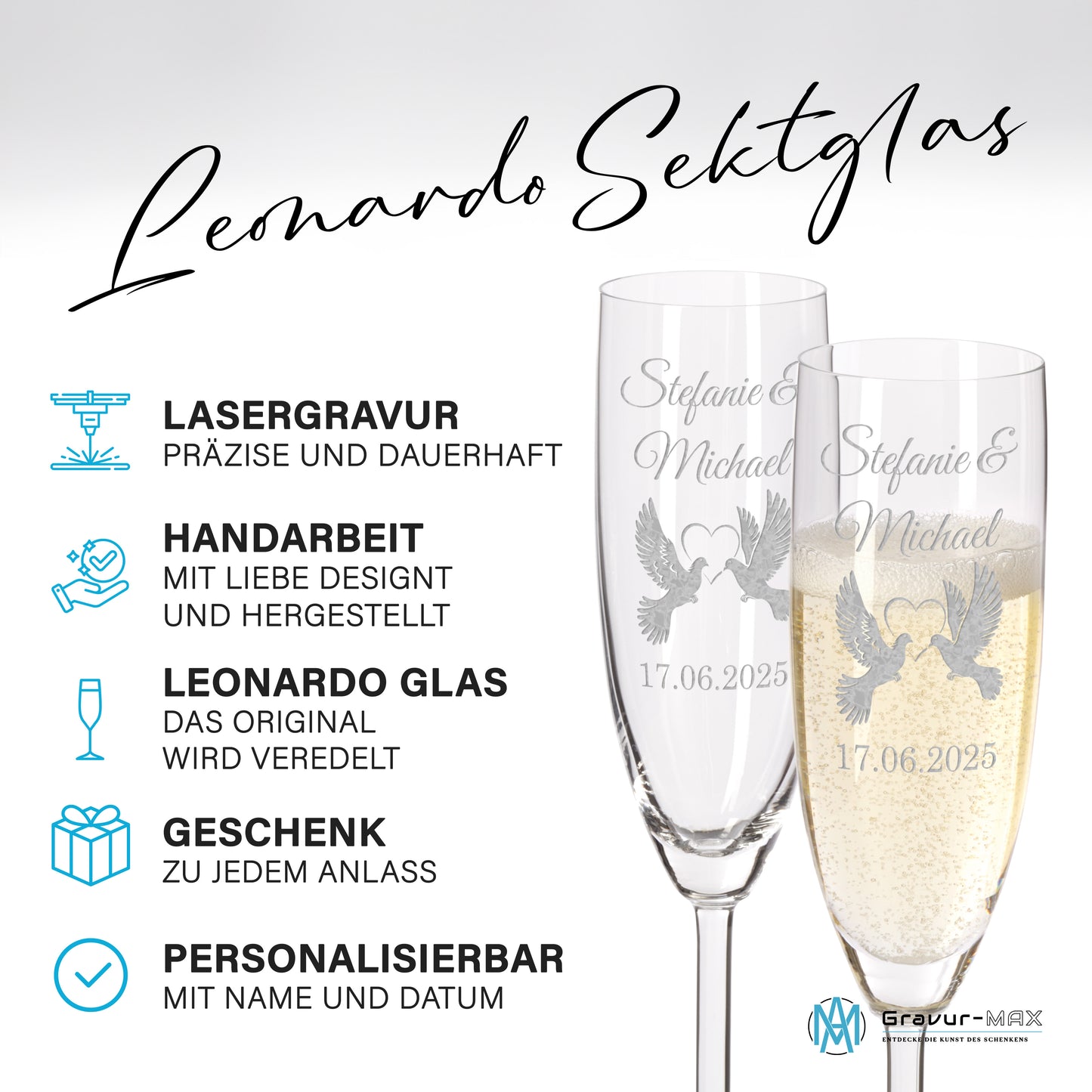 Sektglas mit Gravur Leonardo Daily "LIEBESGLAS TAUBE" 2 Gläser mit Wunschname & Datum