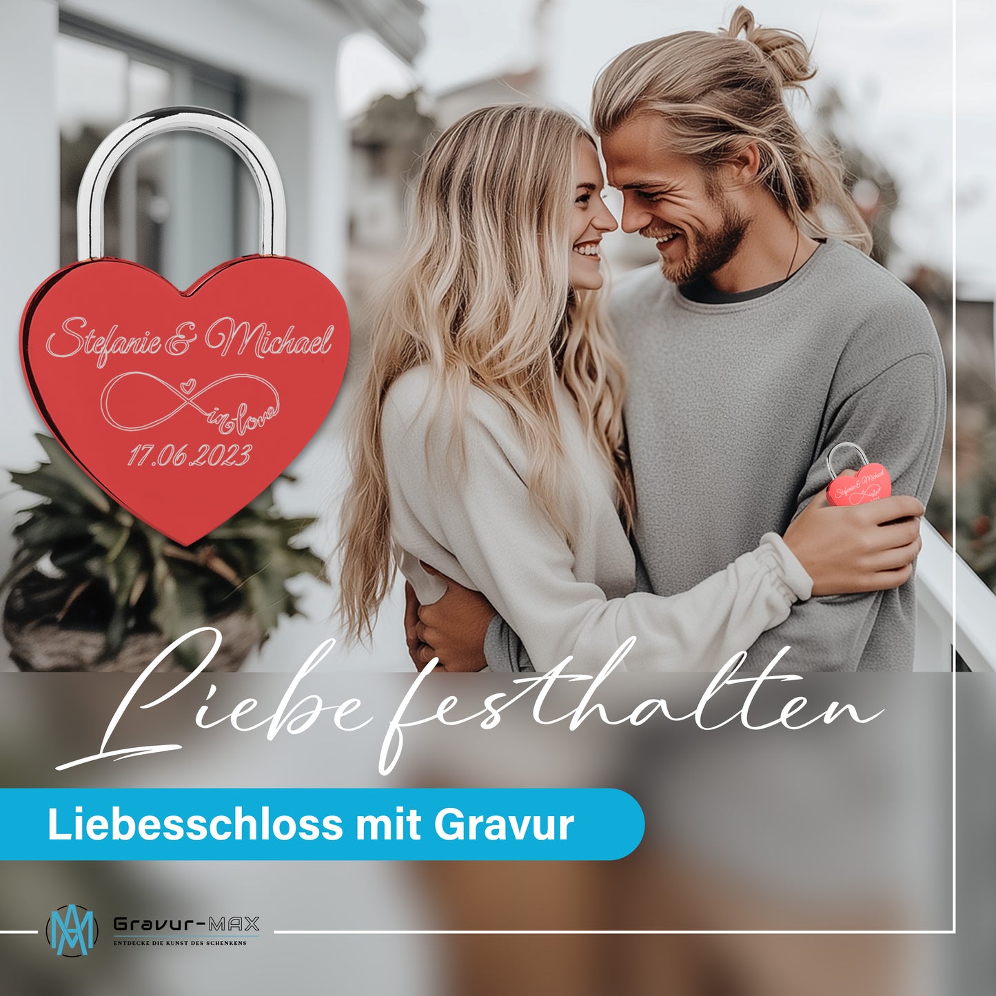 Herzschloss in Rot mit Gravur "Brautpaar" Liebesschloss personalisiert mit Wunschnamen in 4 ver. Farben