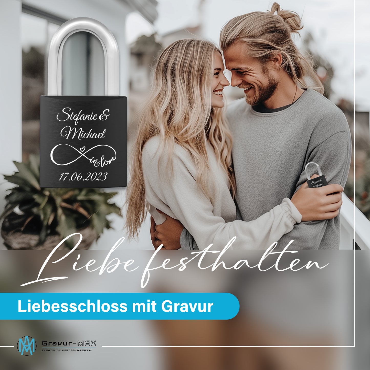 Liebesschloss in Schwarz mit Gravur "Herzen" personalisiert mit Wunschnamen in 6 ver. Farben