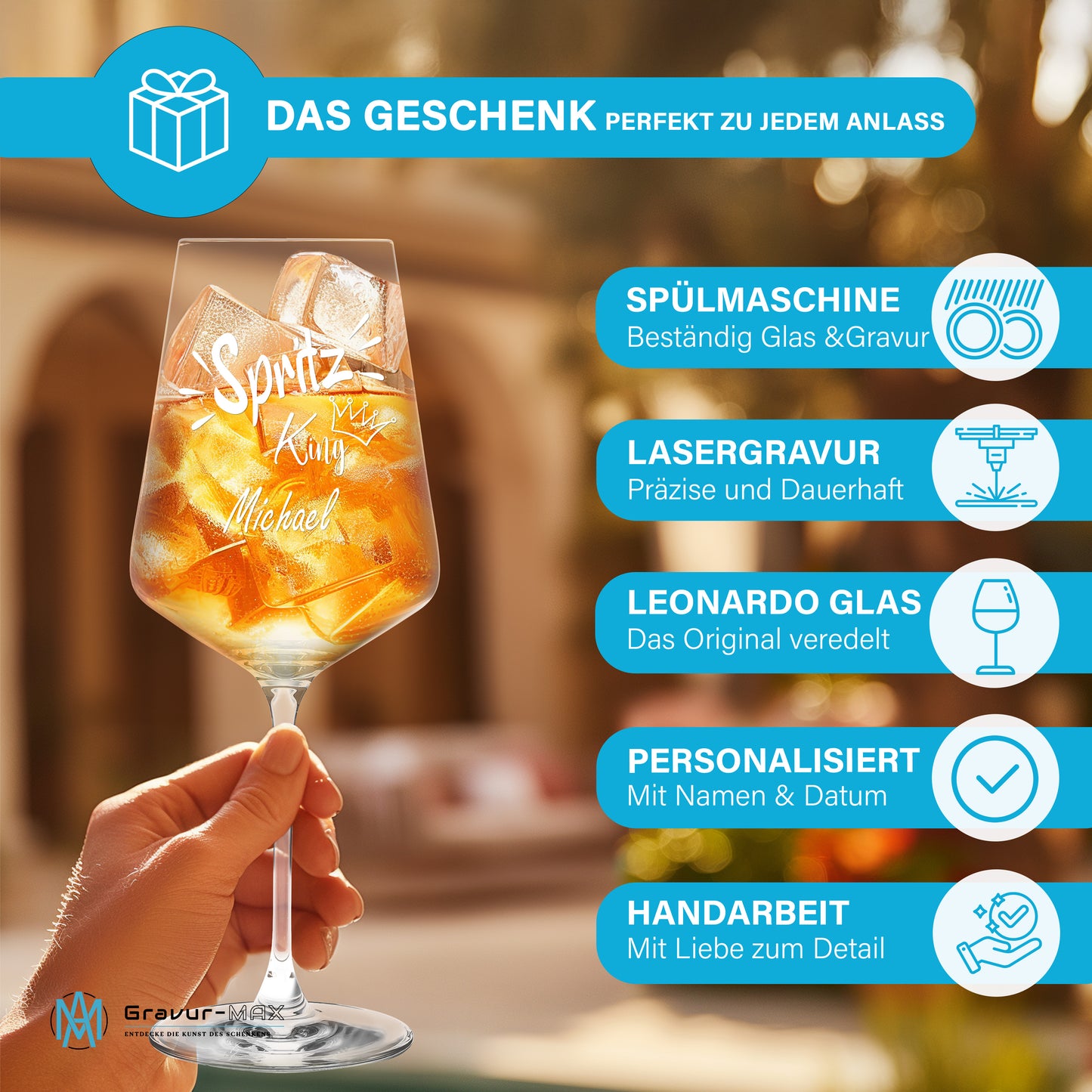 Weinglas mit Gravur Leonardo Puccini "SPRITZ KING" mit Wunschname