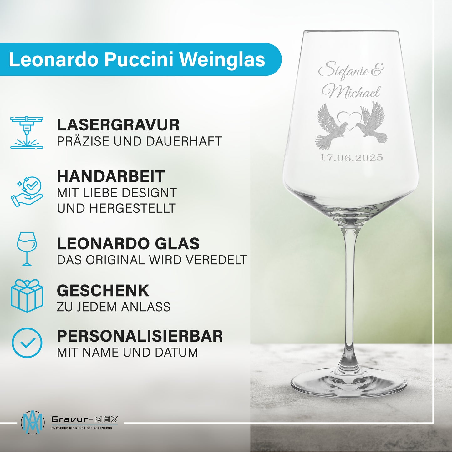 Weinglas mit Gravur Leonardo Puccini "LIEBESGLAS TAUBE" 2 Gläser mit Wunschname & Datum
