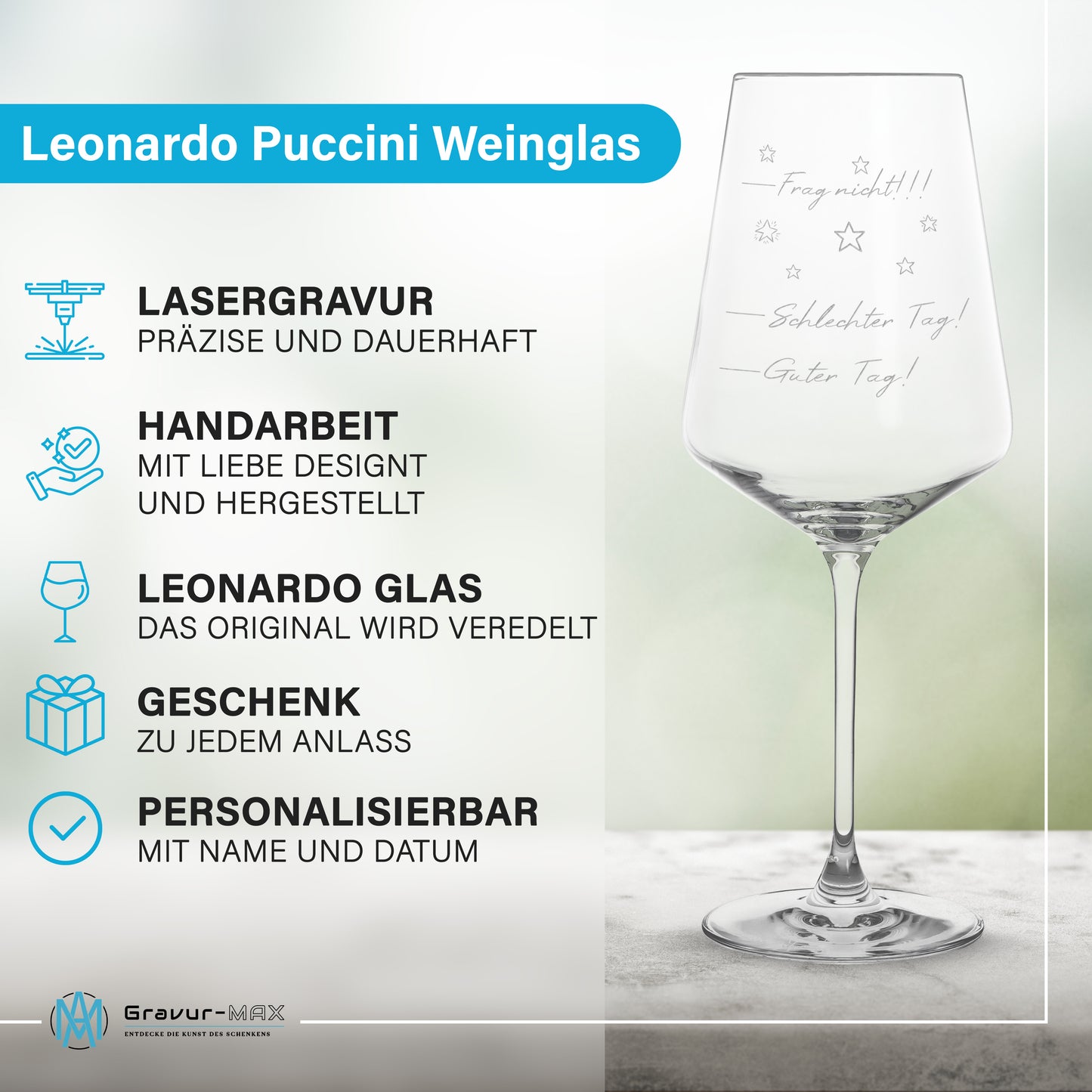 Weinglas mit Gravur Leonardo Puccini "GUTER TAG SCHLECHTER TAG!!" 2 Gläser
