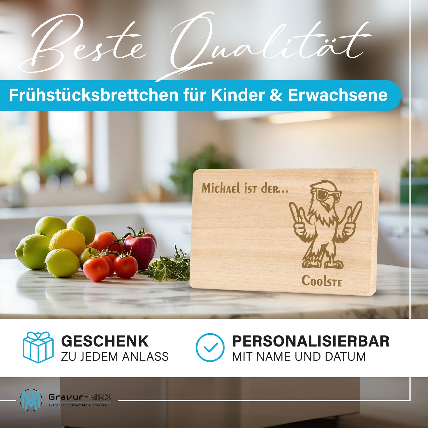 Frühstücksbrettchen mit Gravur Adler "… ist der COOLSTE" mit Wunschname