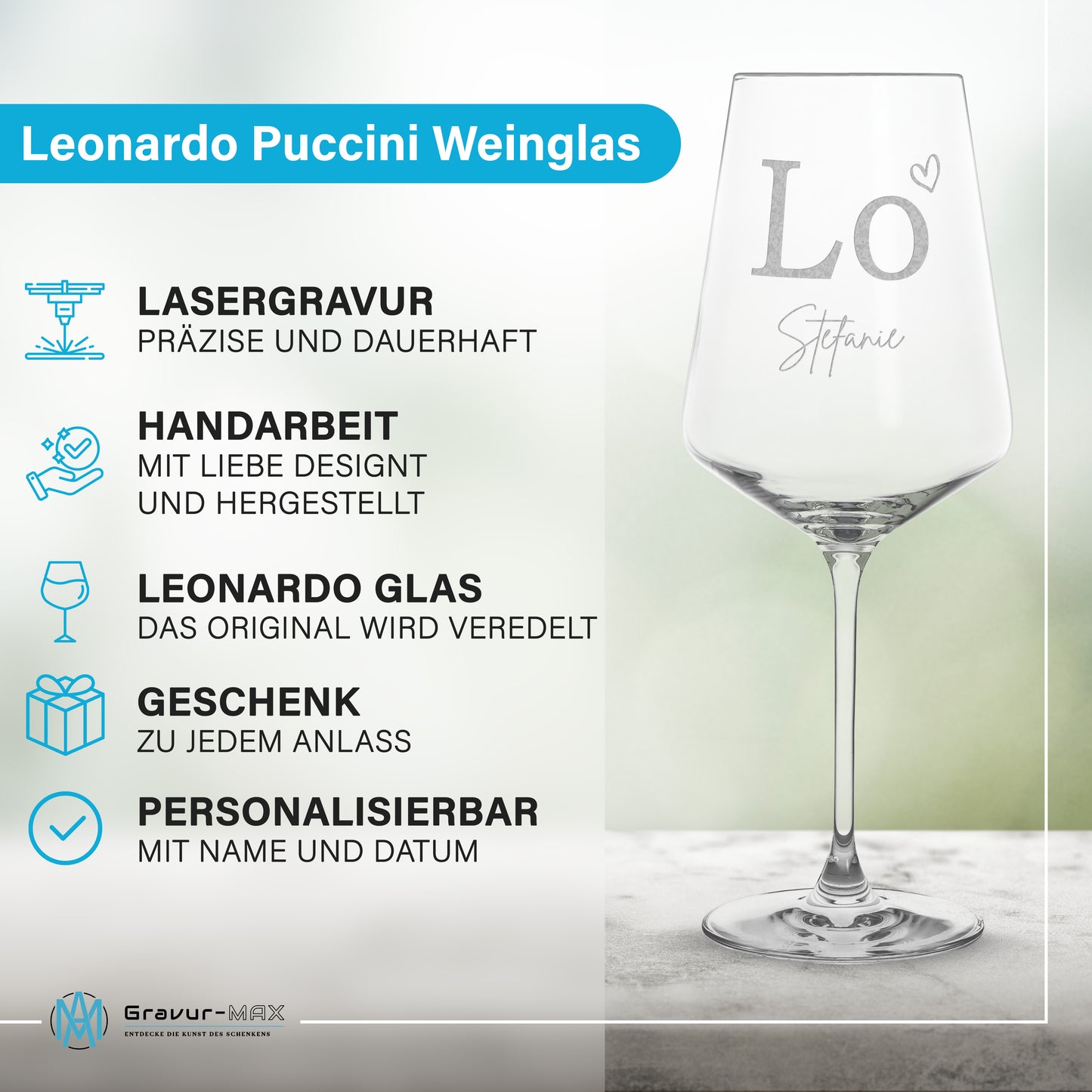 Weinglas mit Gravur Leonardo Puccini "LOVE" 2 Gläser und Holzbox groß mit Wunschname