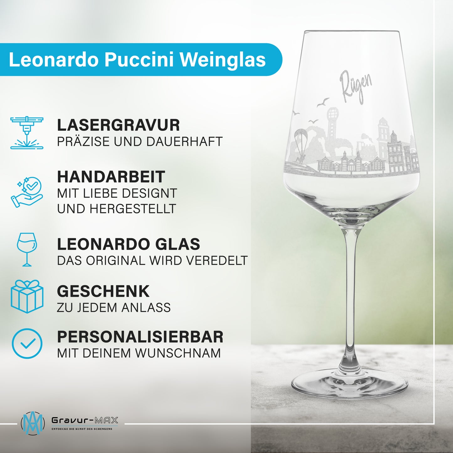 Weinglas mit Gravur Leonardo Puccini "SKYLINE RÜGEN" 2 Gläser optional mit Wunschname