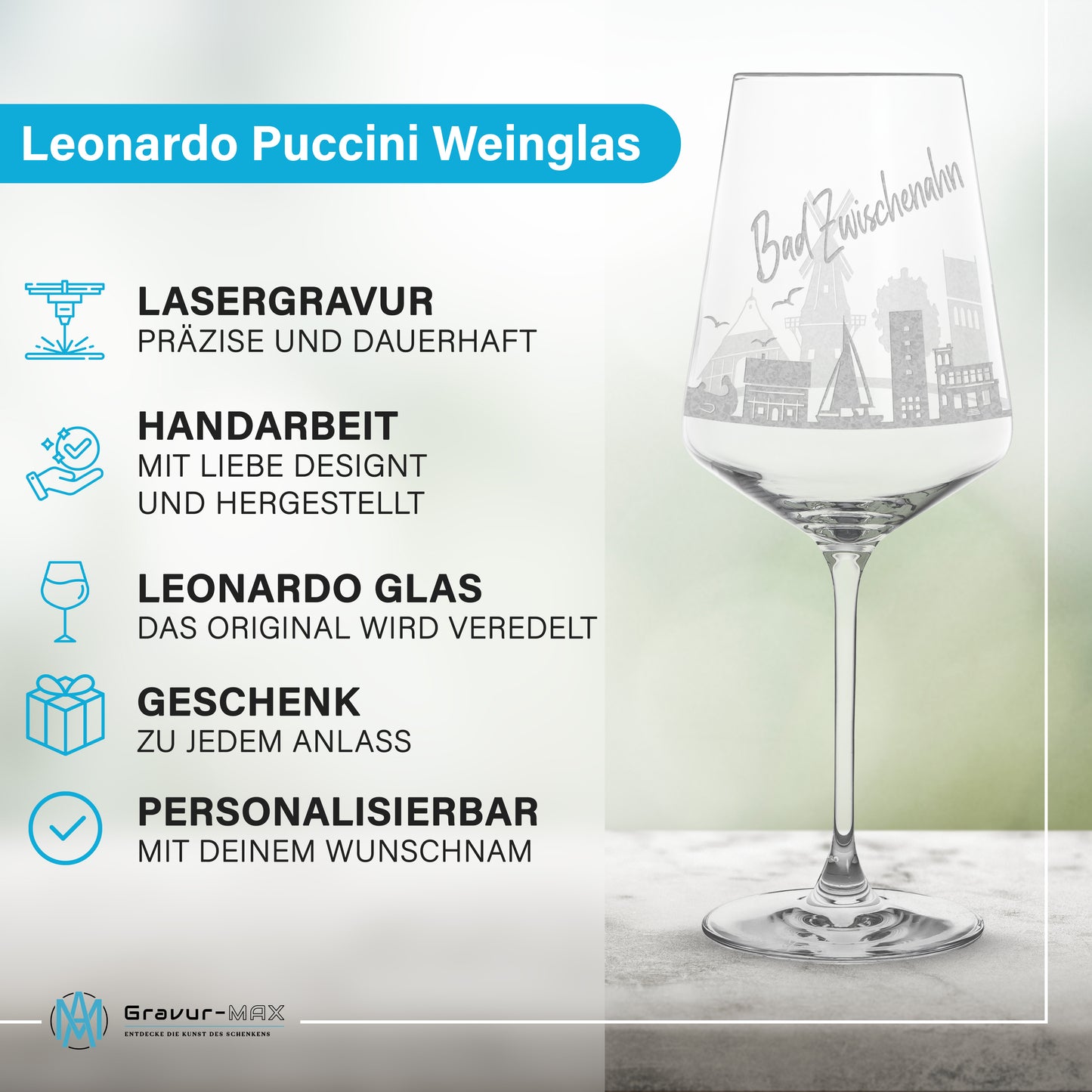 Weinglas mit Gravur Leonardo Puccini "SKYLINE BAD ZWISCHENAHN" optional mit Wunschname