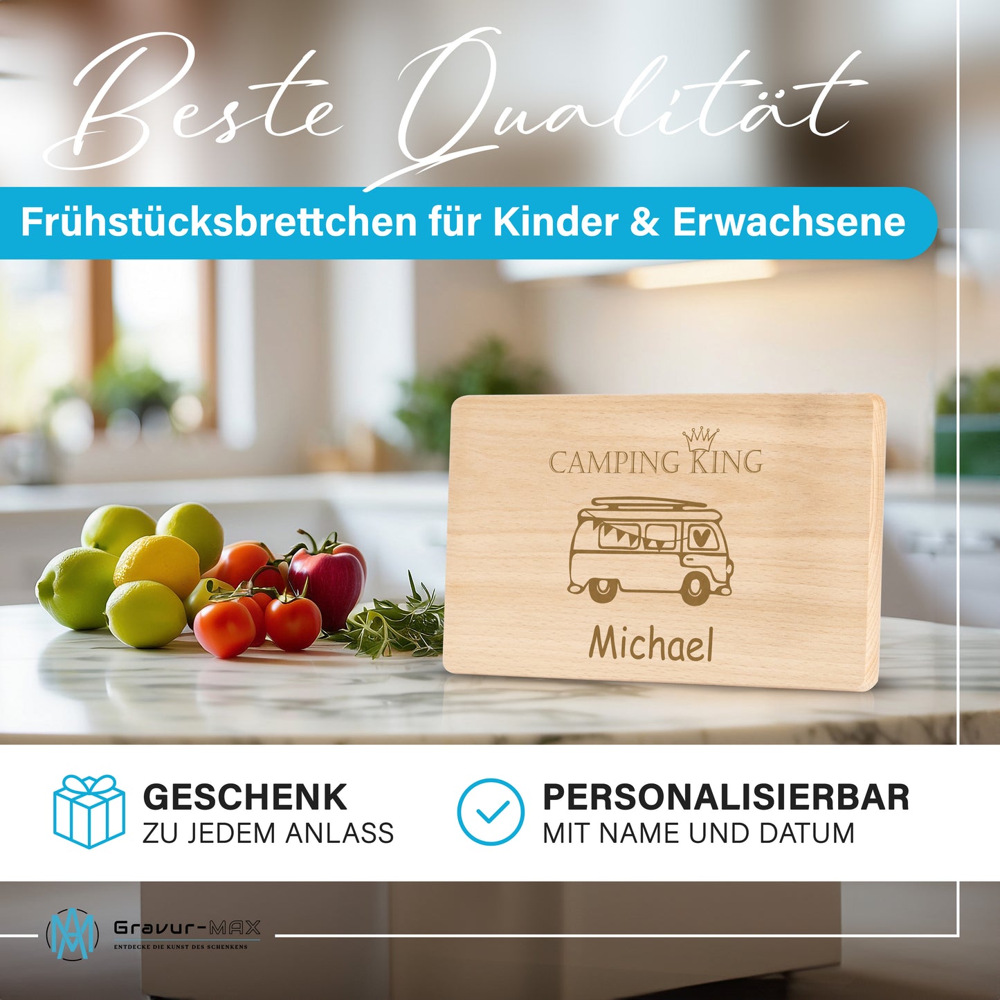 Frühstücksbrettchen mit Gravur Camping "BULLI CAMPING KING" mit Wunschname