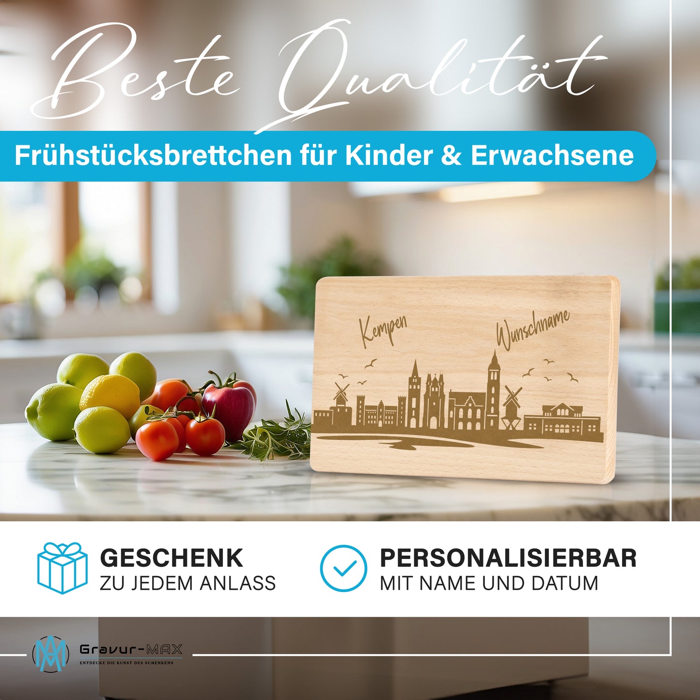 Frühstücksbrettchen 220x120mm mit Gravur mit der Skyline von Kempen personalisierbar mit Wunschname