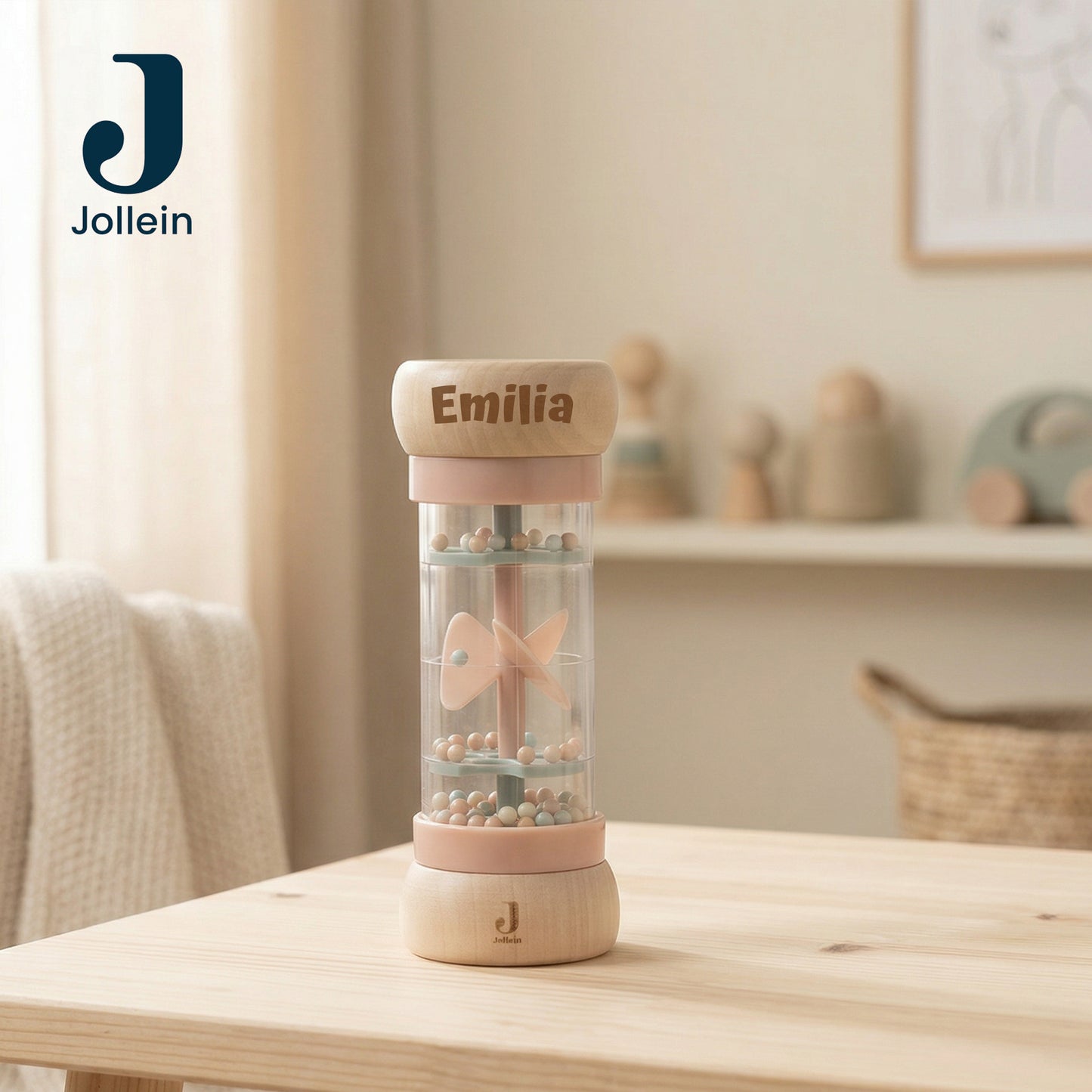 Jollein Regenmacher Rosa personalisierbar mit Name aus FSC-Holz - Babyrassel - Babygeschenk zur Geburt oder Taufe