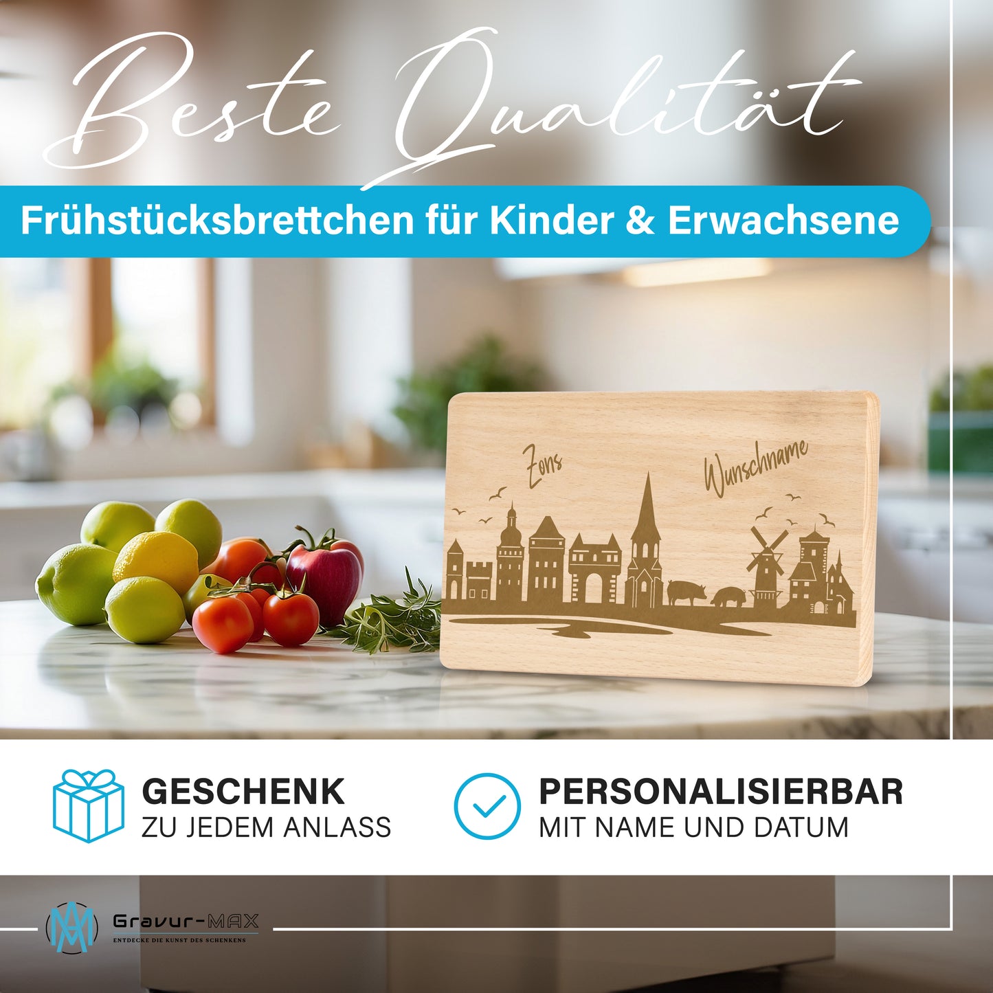 Frühstücksbrettchen 220x120mm mit Gravur mit der Skyline von Zons (Dormagen) personalisierbar mit Wunschname