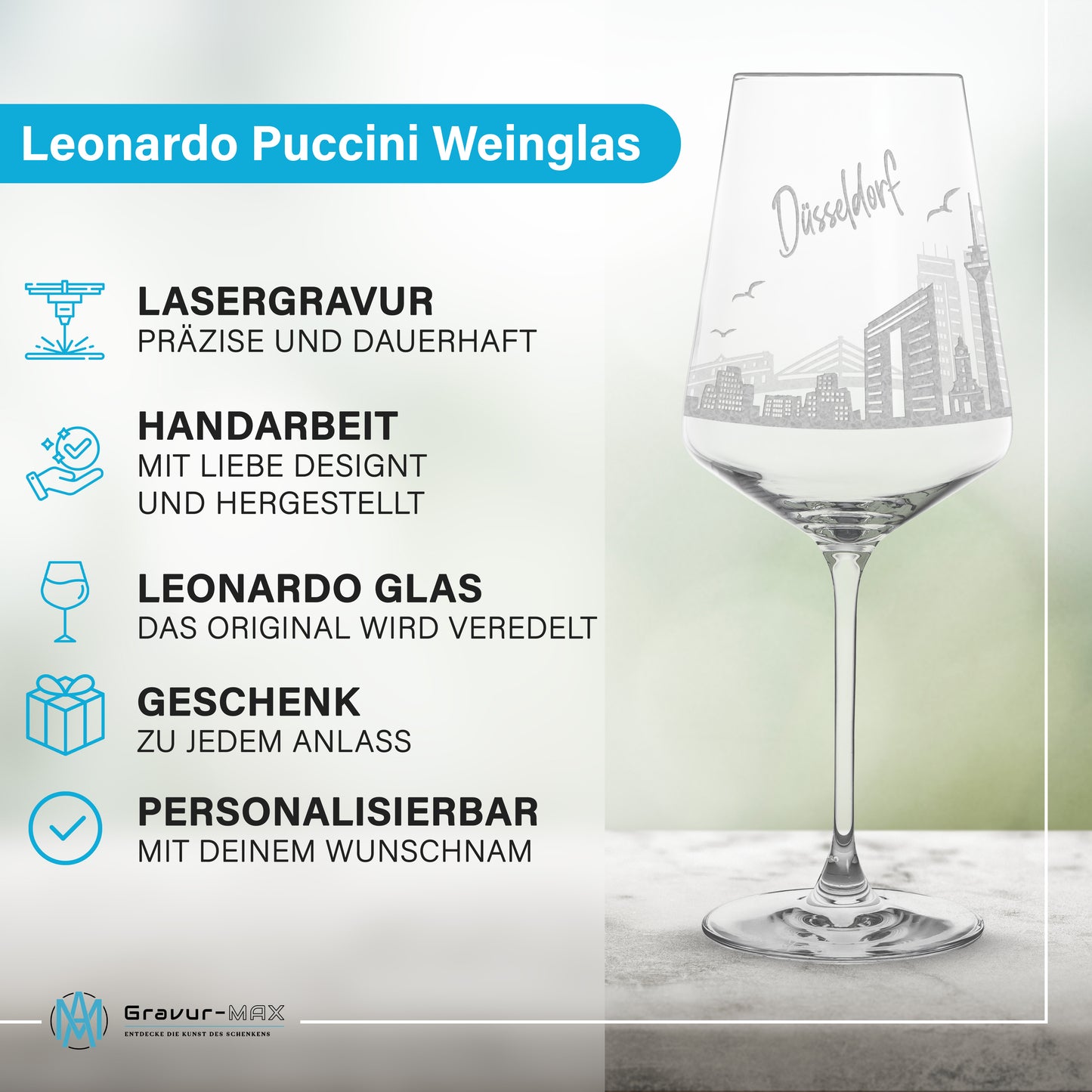 Weinglas mit Gravur Leonardo Puccini "SKYLINE DÜSSELDORF" optional mit Wunschname