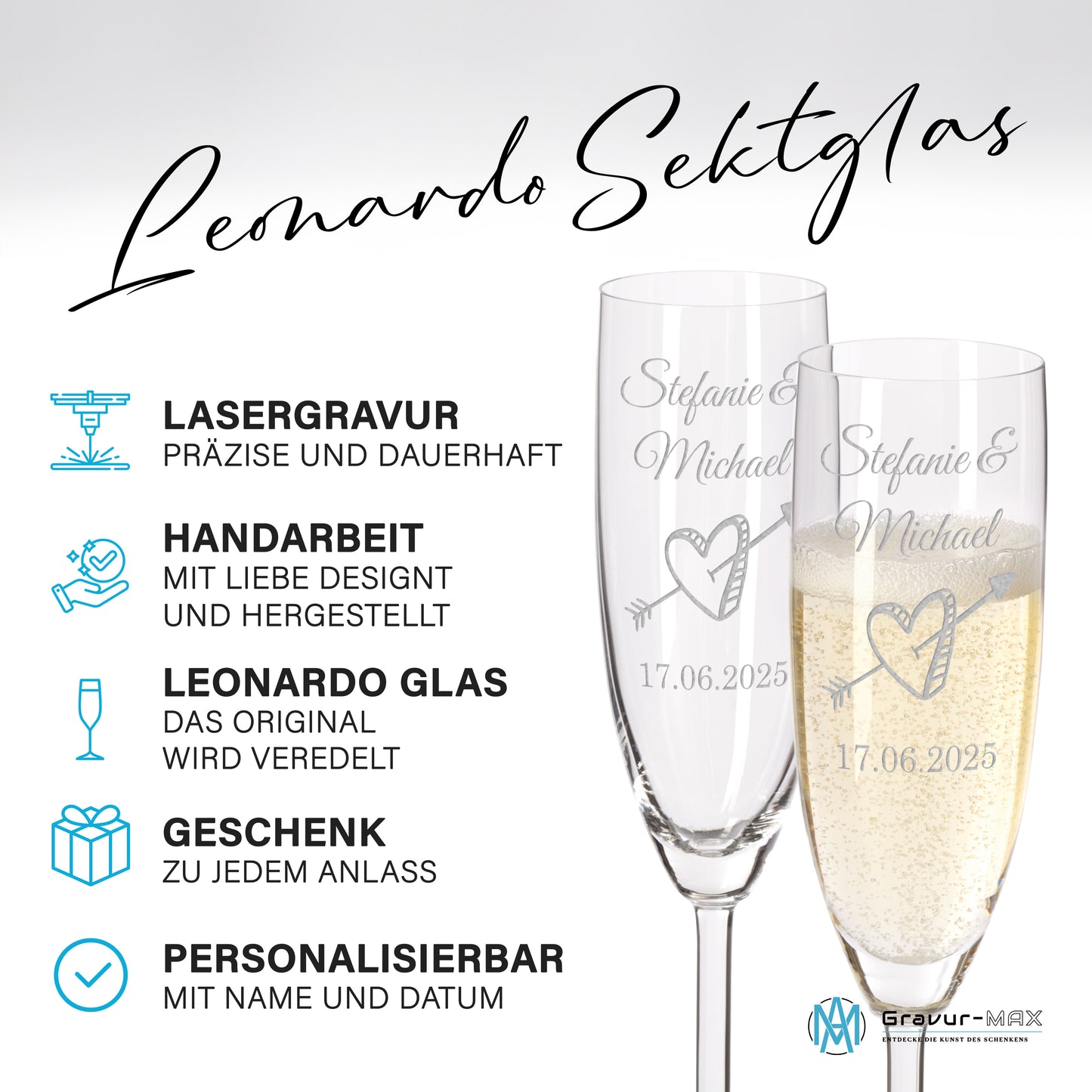 Sektglas mit Gravur Leonardo Daily "LIEBES GLAS HERZ3" 2 Gläser und Holzbox klein mit Wunschname & Datum
