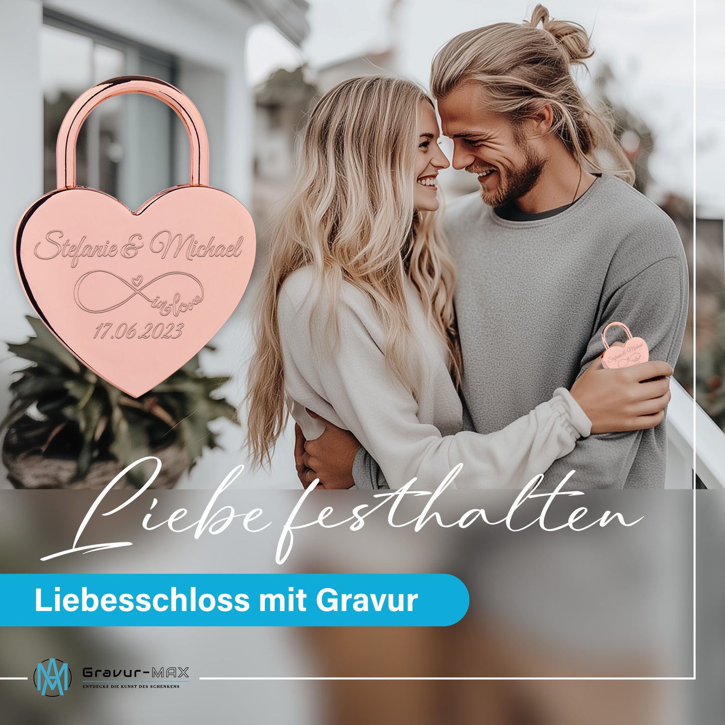 Herzschloss in Rose mit Gravur "Eheringe" Liebesschloss personalisiert mit Wunschnamen in 4 ver. Farben