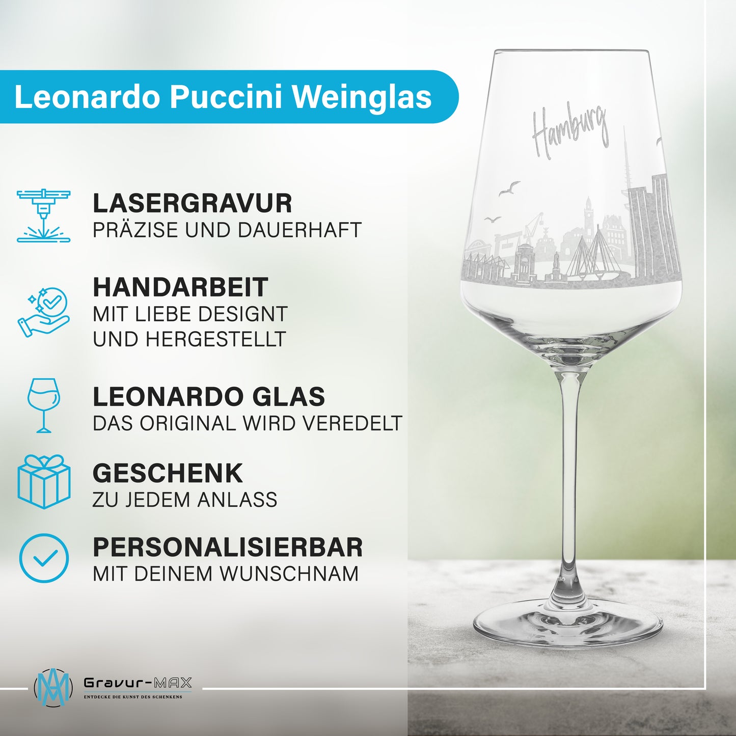 Weinglas mit Gravur Leonardo Puccini "SKYLINE HAMBURG" optional mit Wunschname
