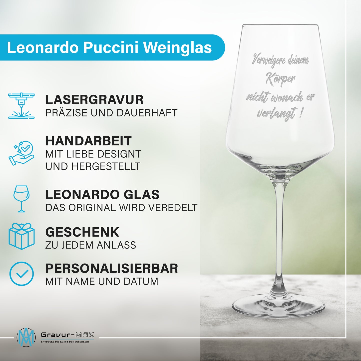Weinglas mit Gravur Leonardo Puccini "VERWEIGERE DEINEM KÖRPER NICHT ..." 2 Gläser