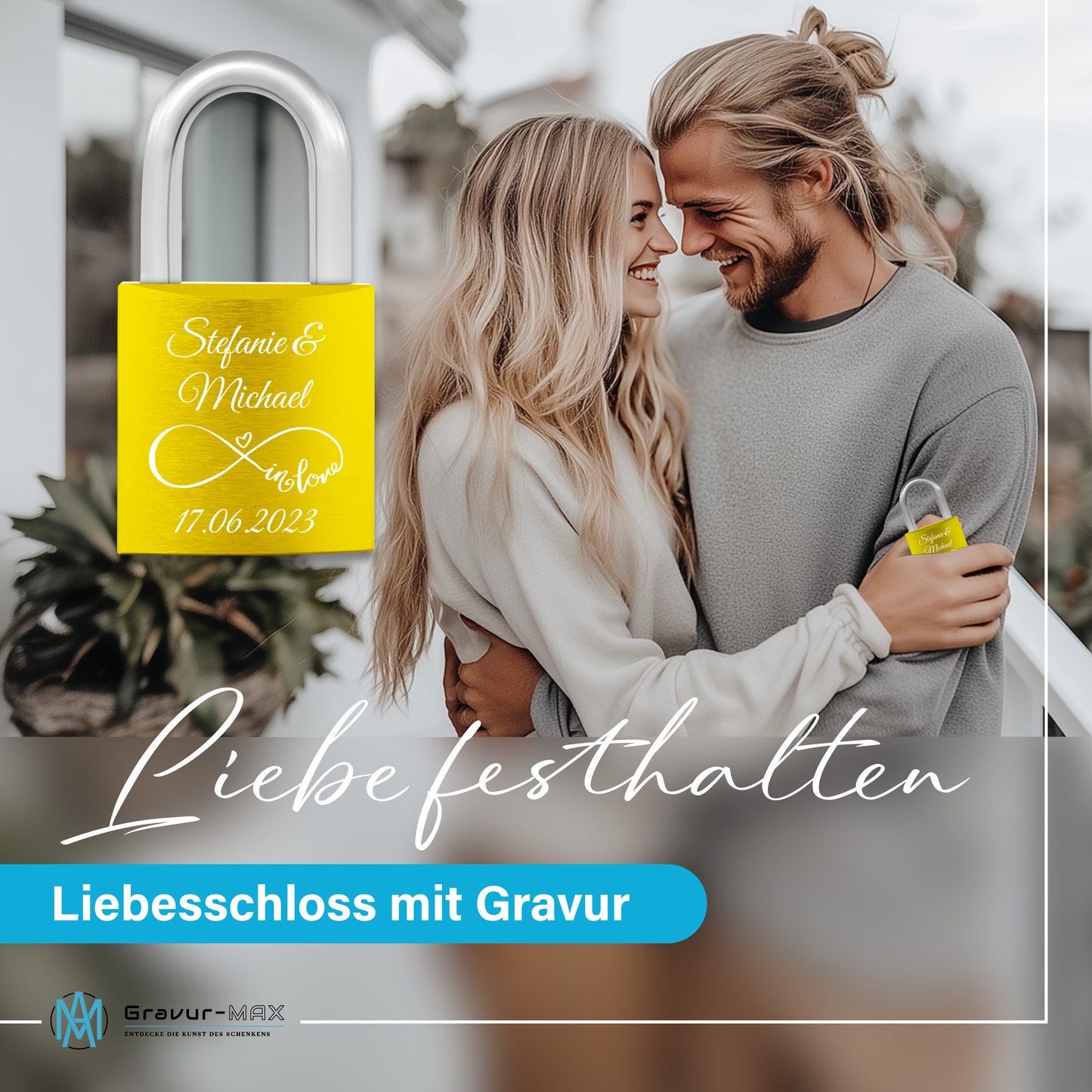 Liebesschloss in Gelb mit Gravur "Herzen" personalisiert mit Wunschnamen in 6 ver. Farben