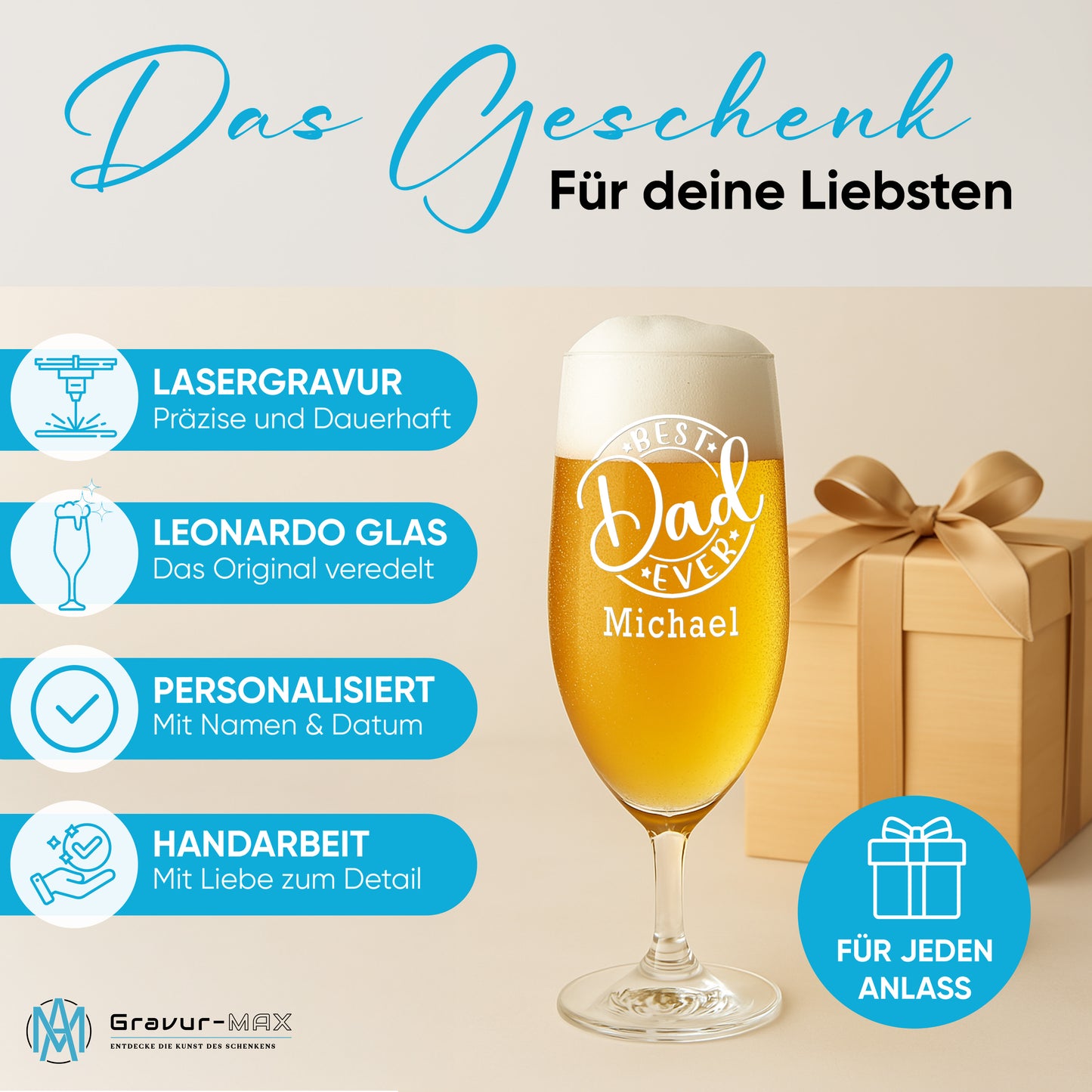 Bierglas mit Gravur Leonardo Daily Pilsglas "Best Dad ever" mit Wunschname