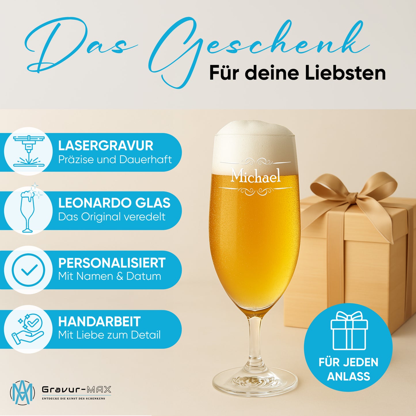 Bierglas mit Gravur Leonardo Daily Pilsglas "doppel Ranke" mit Wunschname
