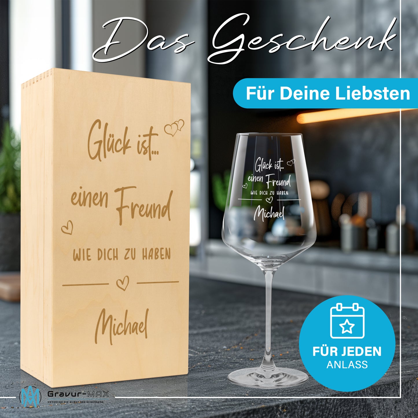 Weinglas mit Gravur Leonardo Puccini "GLÜCK IST EINEN FREUND WIE DICH ZU HABEN" inkl. Holzbox klein mit Wunschname