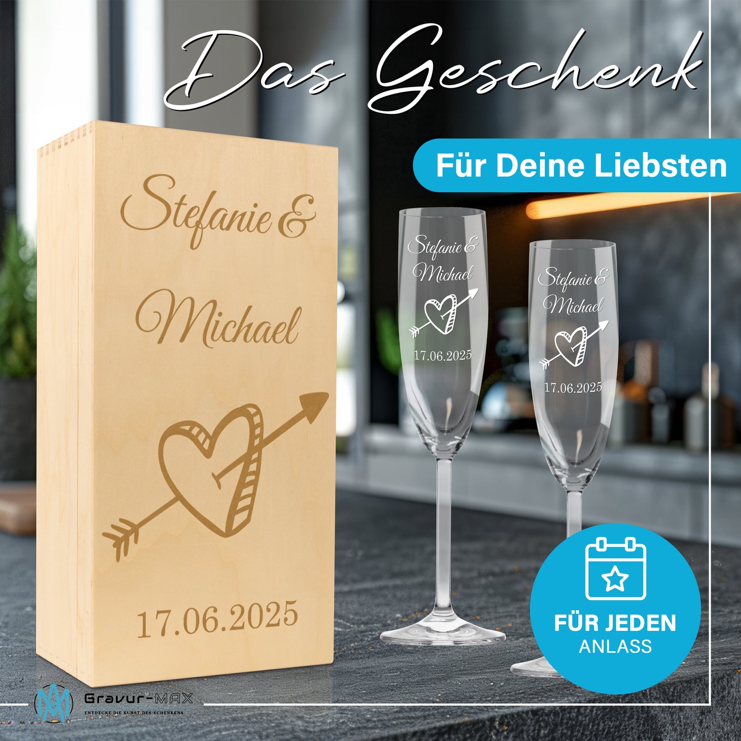 Sektglas mit Gravur Leonardo Daily "LIEBES GLAS HERZ3" 2 Gläser und Holzbox klein mit Wunschname & Datum