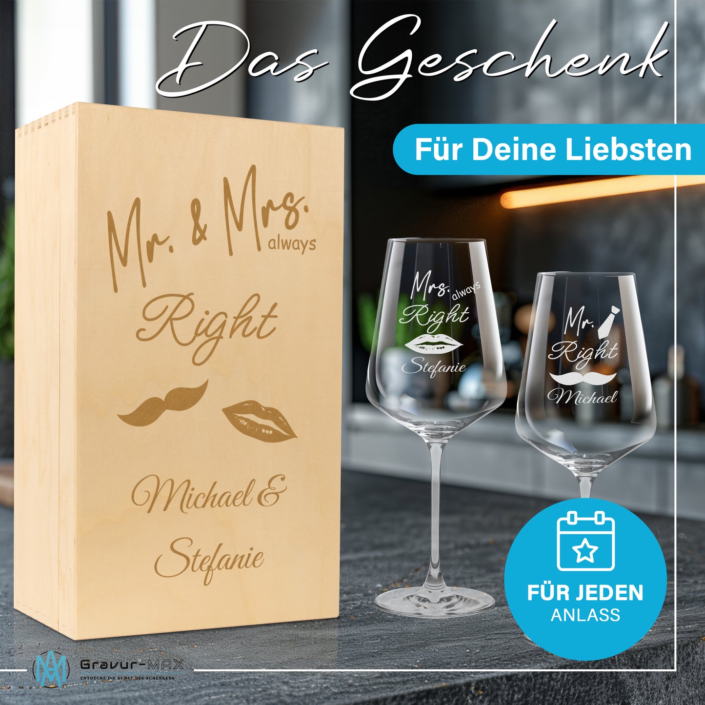 Weinglas mit Gravur Leonardo Puccini "MR. & MRS. ALWAYS RIGHT" 2 Gläser und Holzbox groß mit Wunschname