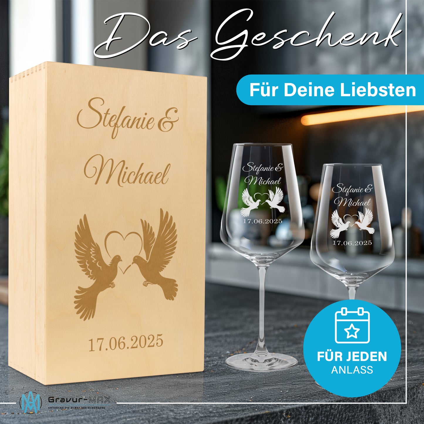 Weinglas mit Gravur Leonardo Puccini "LIEBESGLAS TAUBE" 2 Gläser und Holzbox groß mit Wunschname & Datum