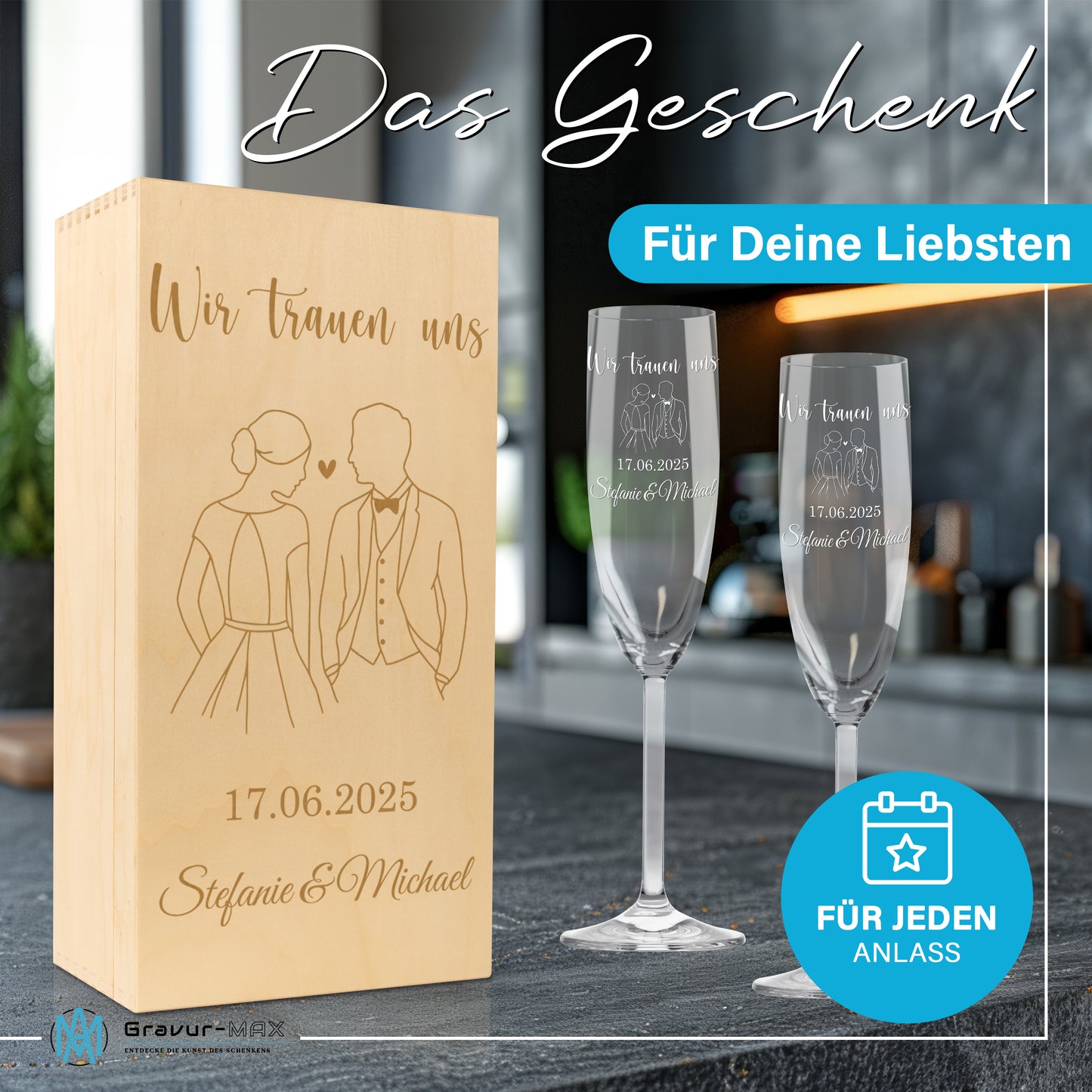 Sektglas mit Gravur Leonardo Daily "WIR TRAUEN UNS" Motiv Brautpaar 2 Gläser und Holzbox klein mit Wunschname & Datum