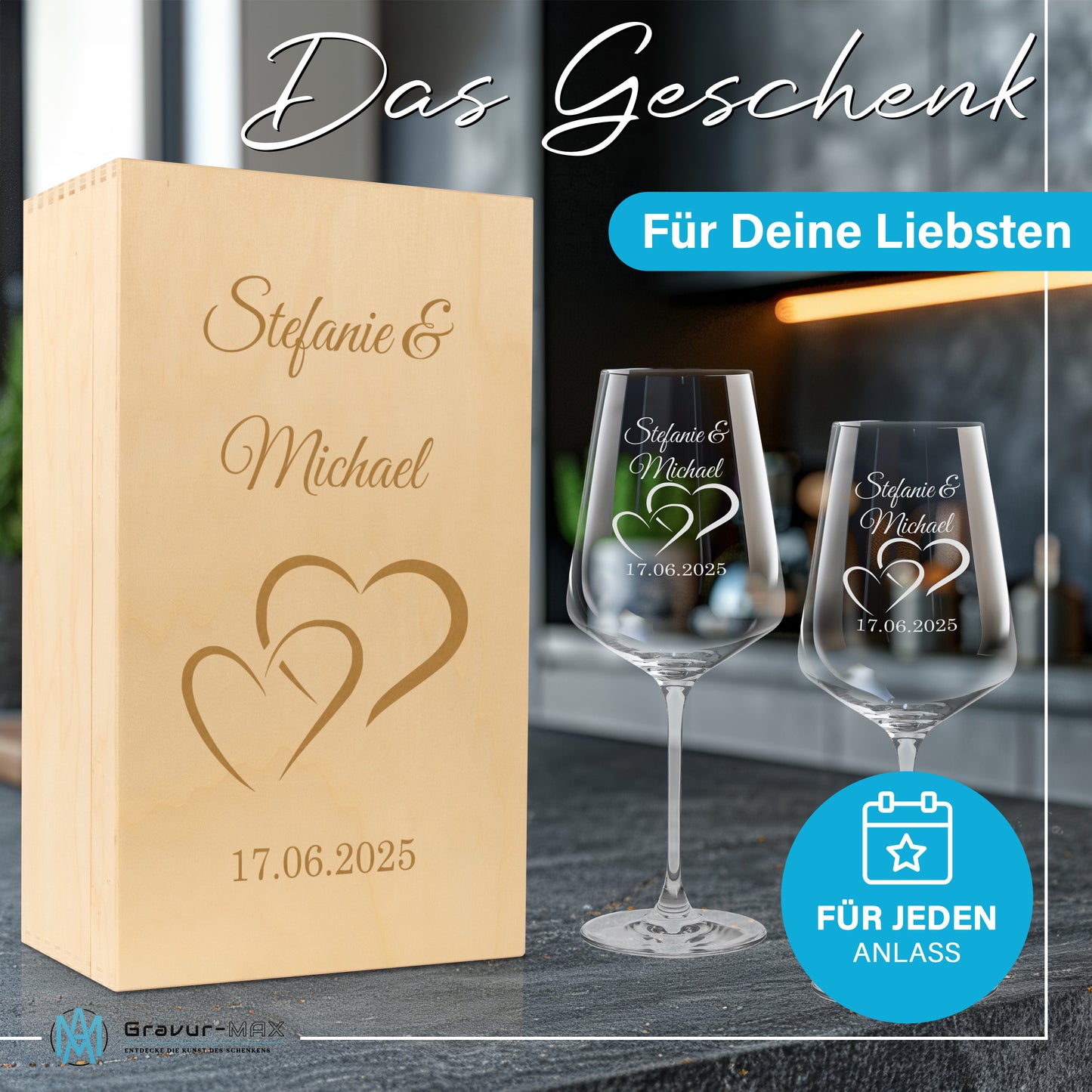 Weinglas mit Gravur Leonardo Puccini "LIEBES GLAS HERZ1" 2 Gläser und Holzbox groß mit Wunschname & Datum