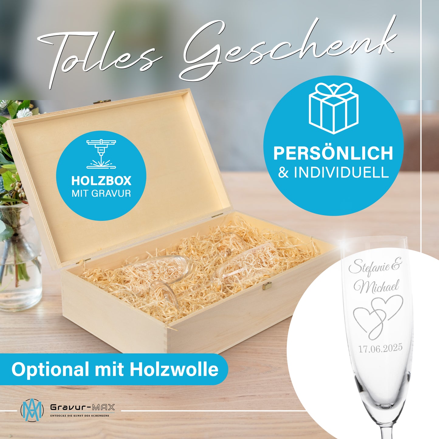 Sektglas mit Gravur Leonardo Daily "LIEBES GLAS HERZ2" 2 Gläser und Holzbox klein mit Wunschname & Datum