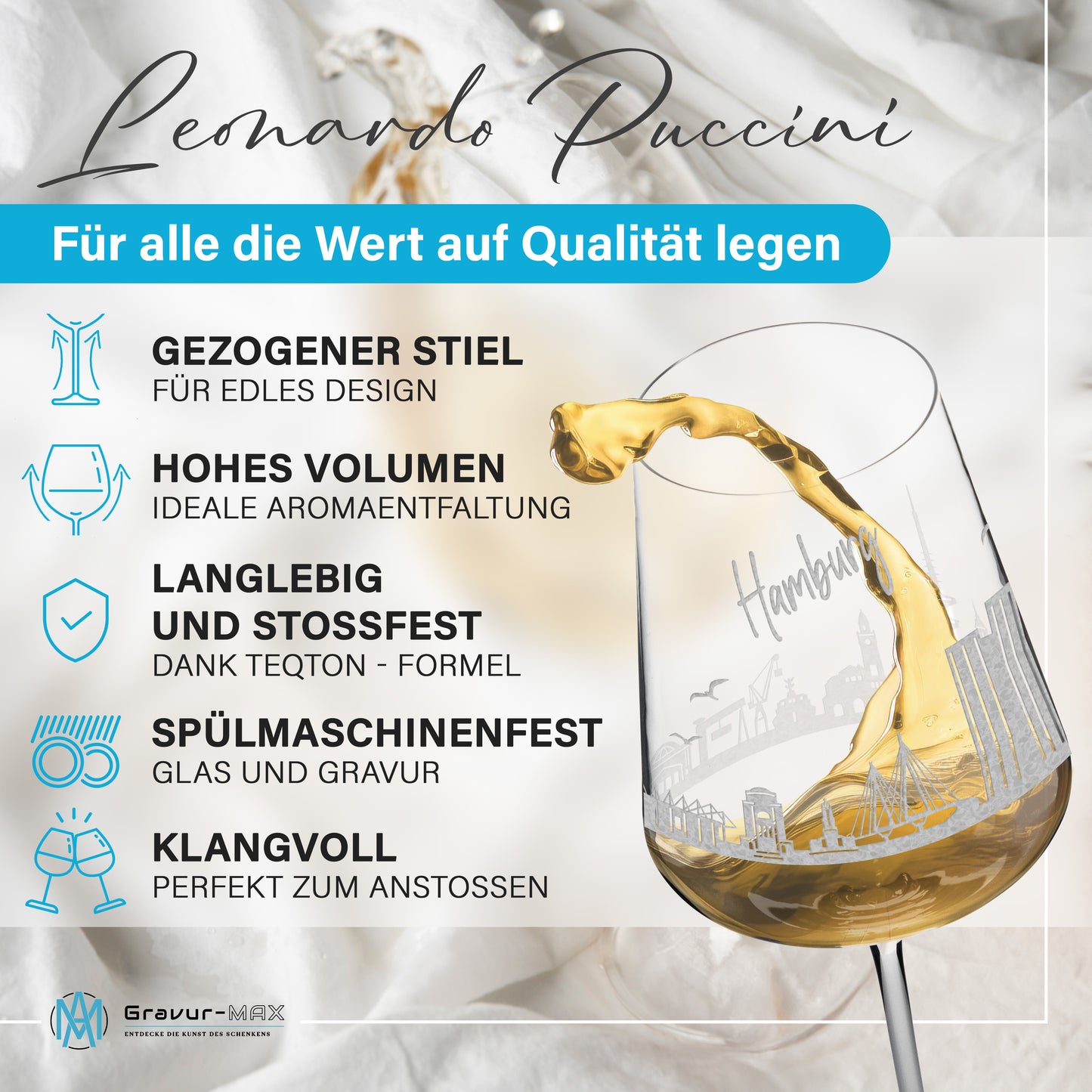 Weinglas mit Gravur Leonardo Puccini "SKYLINE HAMBURG" optional mit Wunschname