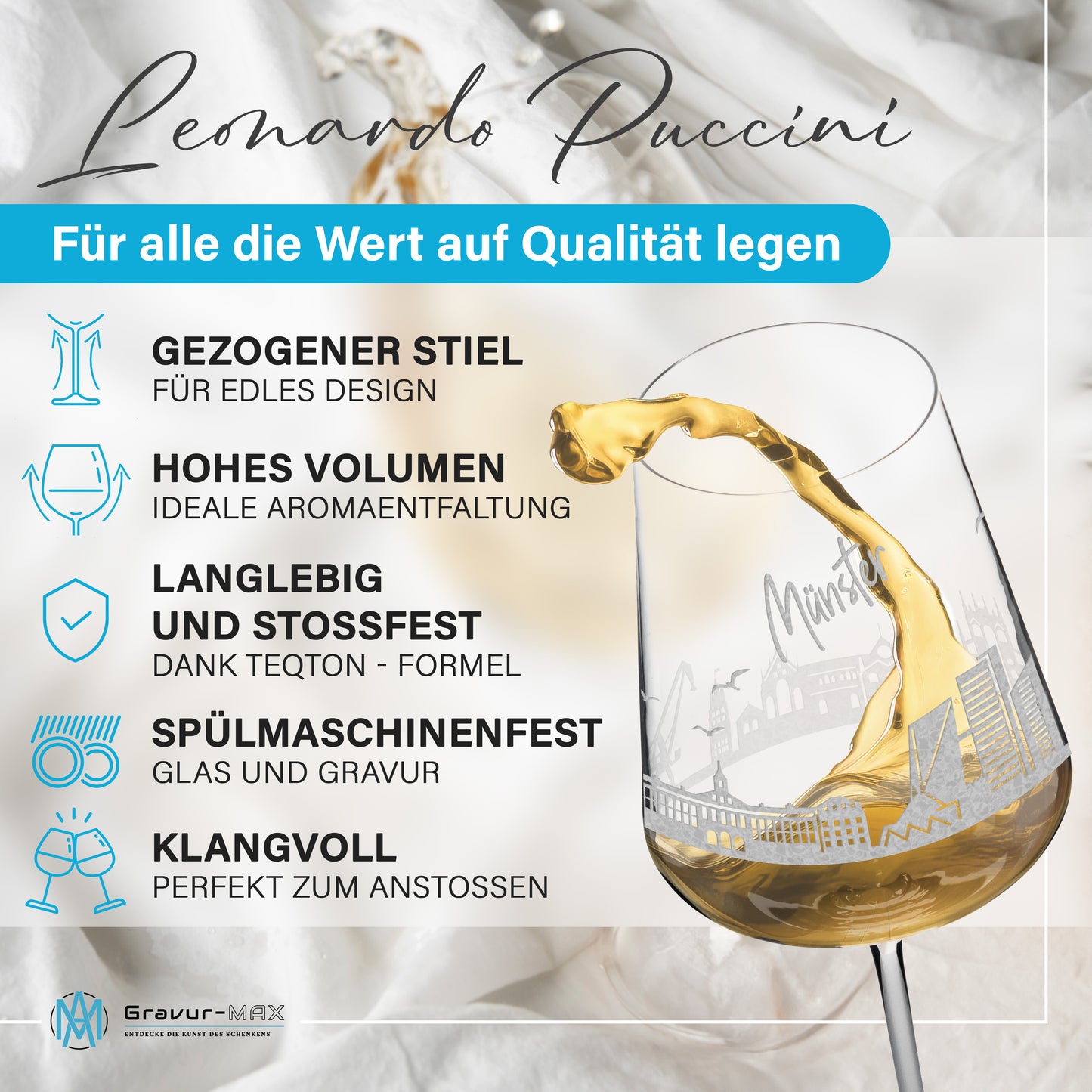 Weinglas mit Gravur Leonardo Puccini "SKYLINE MÜNSTER" optional mit Wunschname