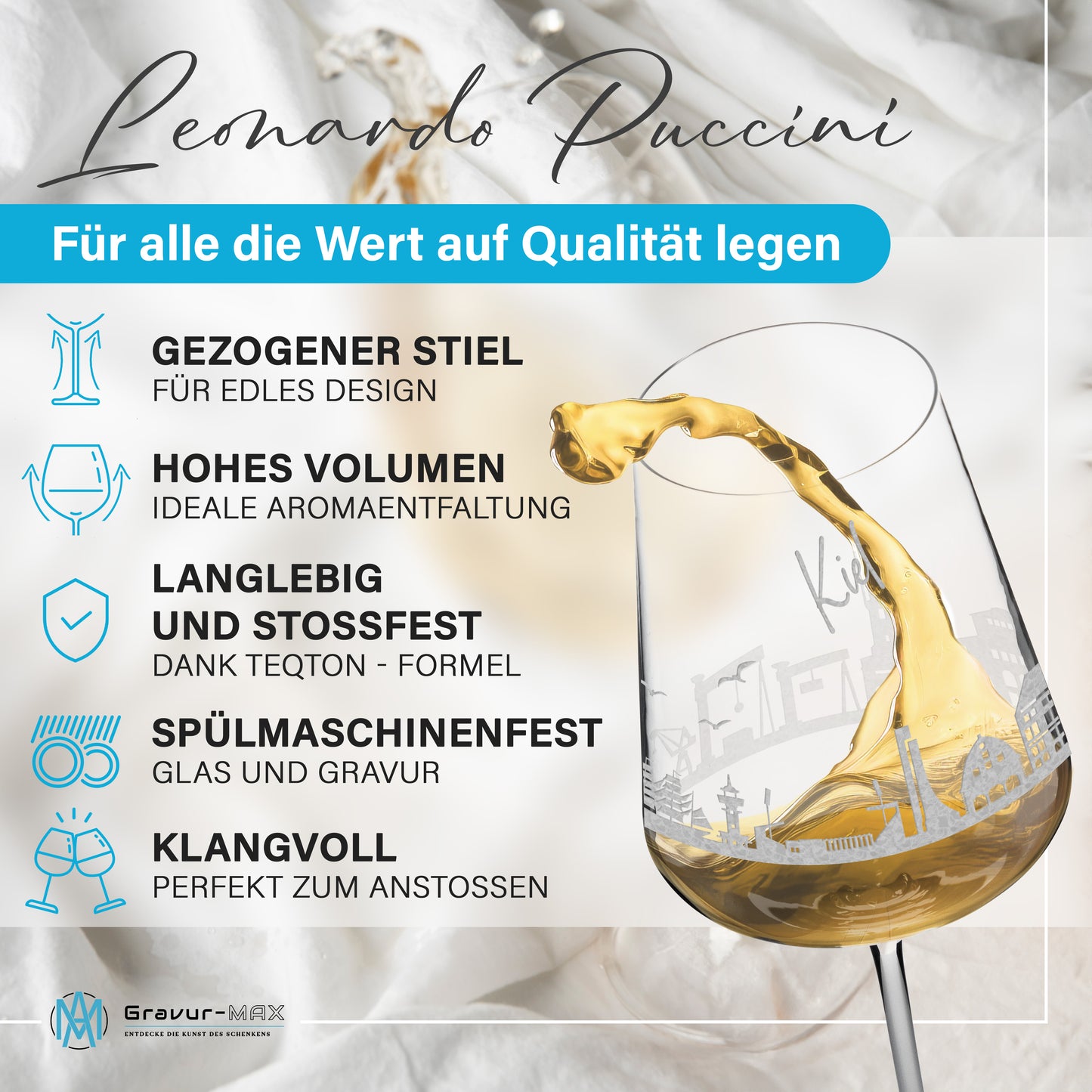 Weinglas mit Gravur Leonardo Puccini "SKYLINE KIEL" 2 Gläser optional mit Wunschname