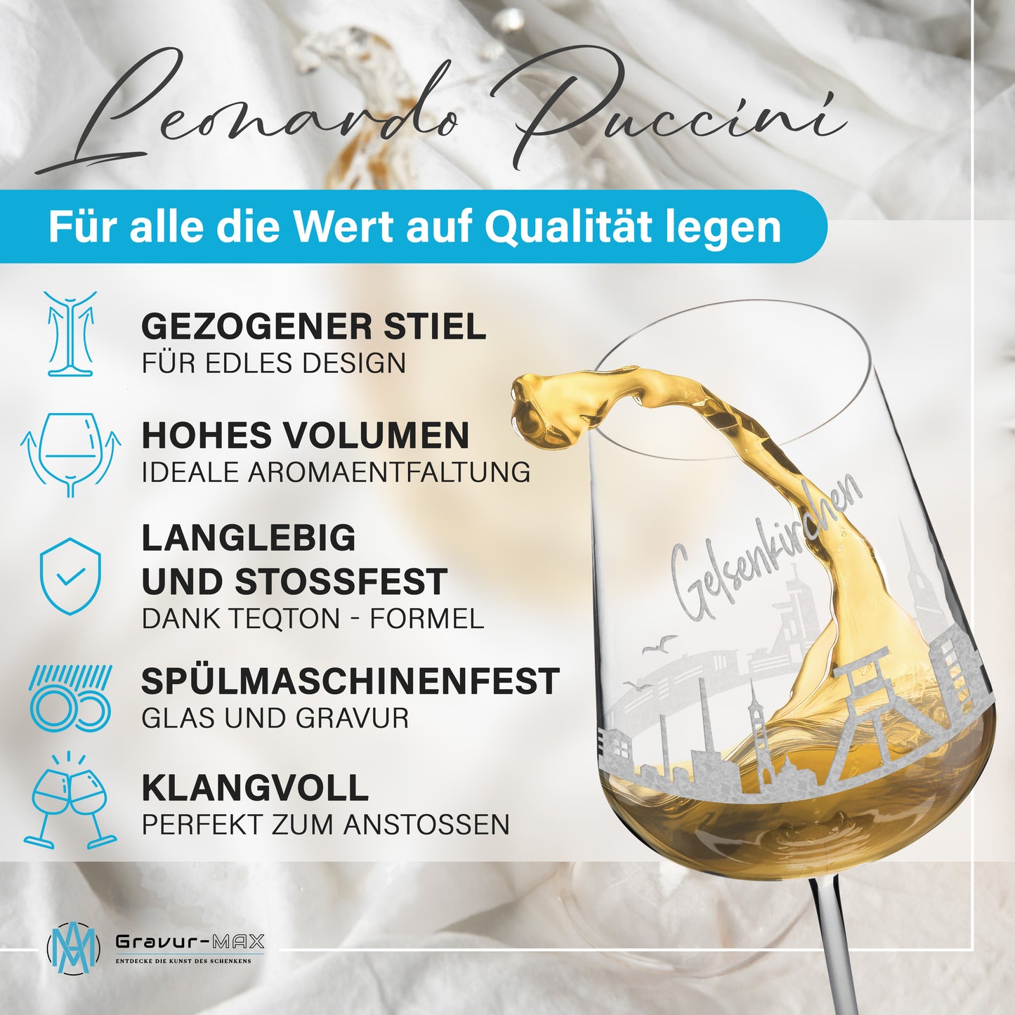 Weinglas mit Gravur Leonardo Puccini "SKYLINE GELSENKIRCHEN" optional mit Wunschname