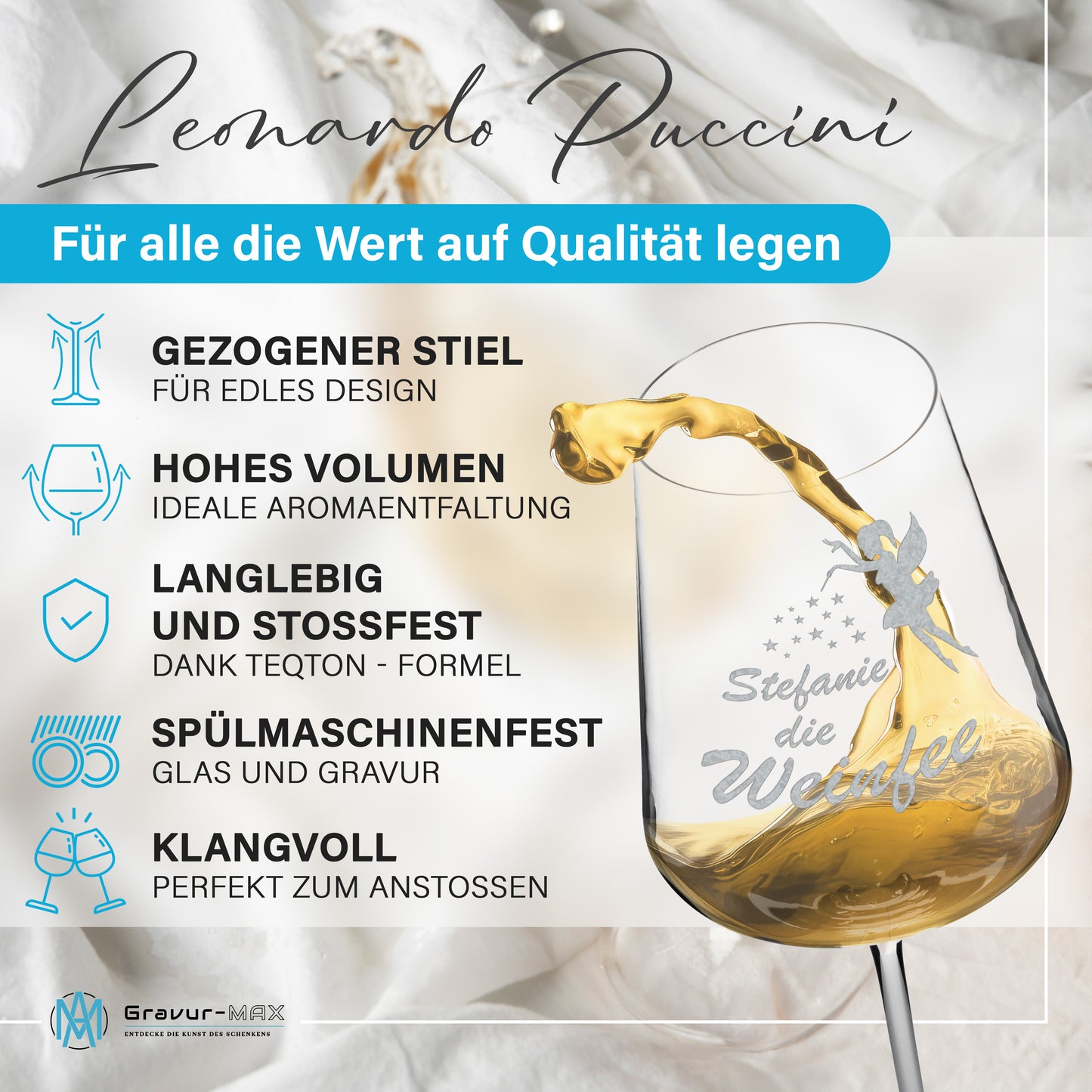 Weinglas mit Gravur Leonardo Puccini "WUNSCHNAME DIE WEINFEE" mit Wunschname