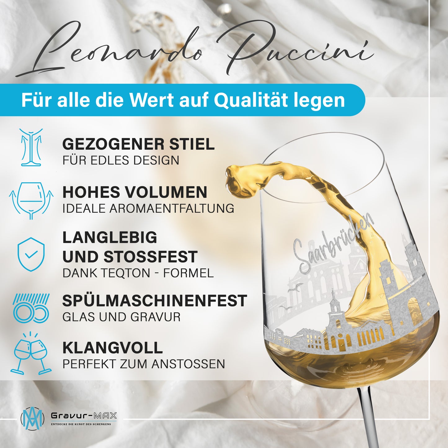 Weinglas mit Gravur Leonardo Puccini "SKYLINE SAARBRÜCKEN" optional mit Wunschname