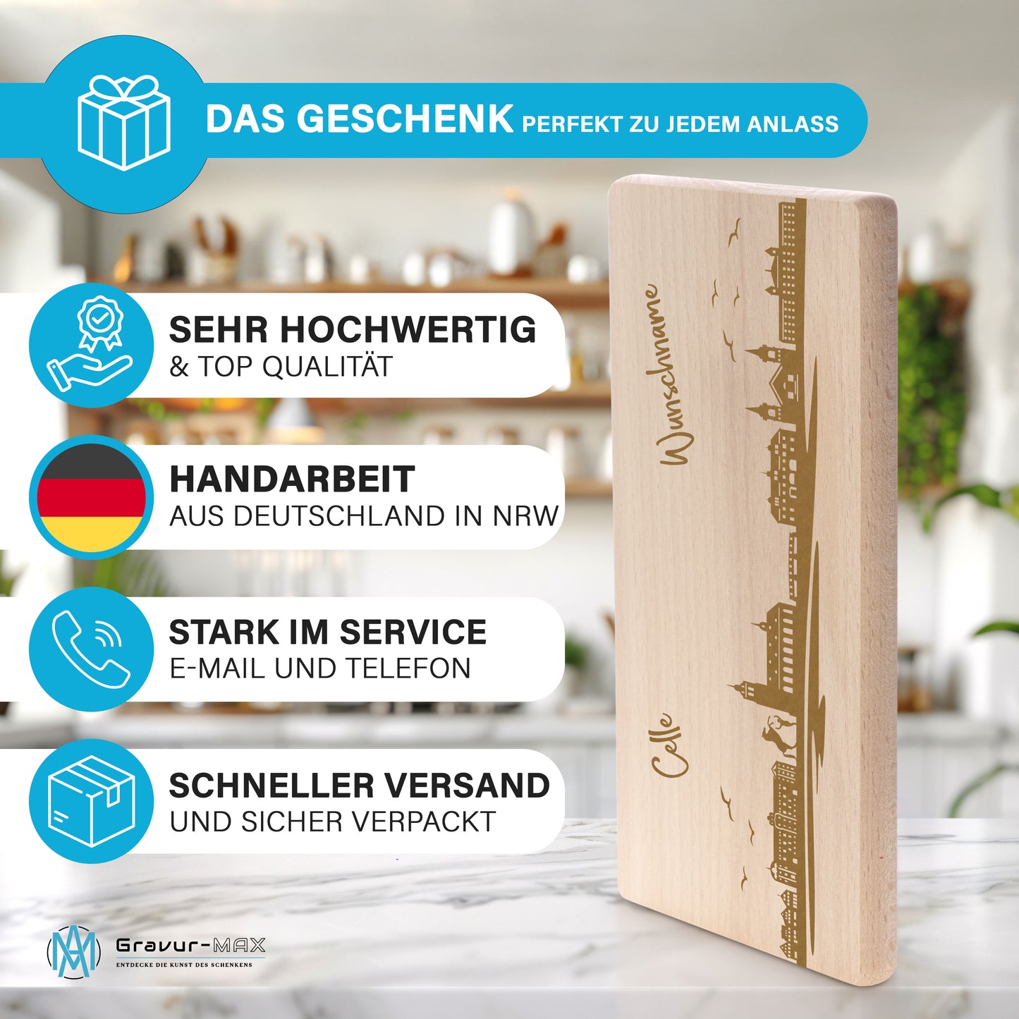 Frühstücksbrettchen 220x120mm mit Gravur mit der Skyline von Celle personalisierbar mit Wunschname