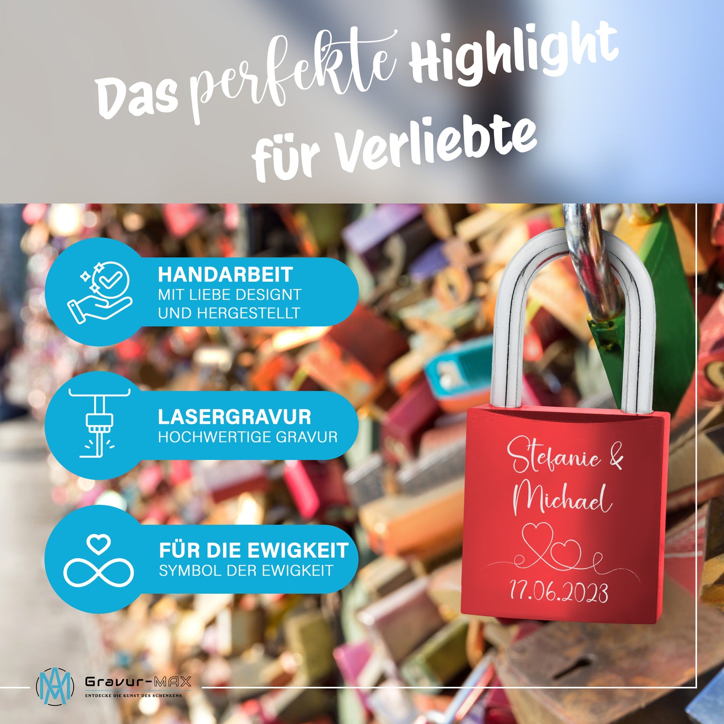 Liebesschloss in Rot mit Gravur "Doppelherz" personalisiert mit Wunschnamen in 6 ver. Farben
