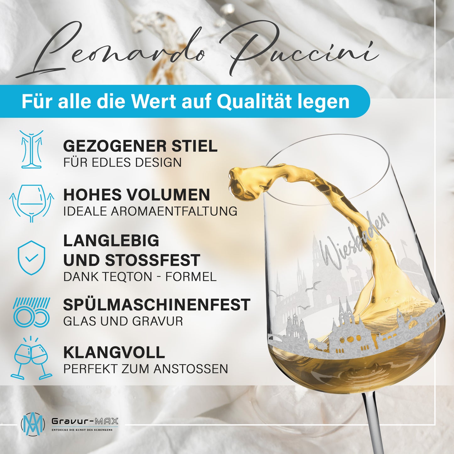 Weinglas mit Gravur Leonardo Puccini "SKYLINE WIESBADEN" optional mit Wunschname