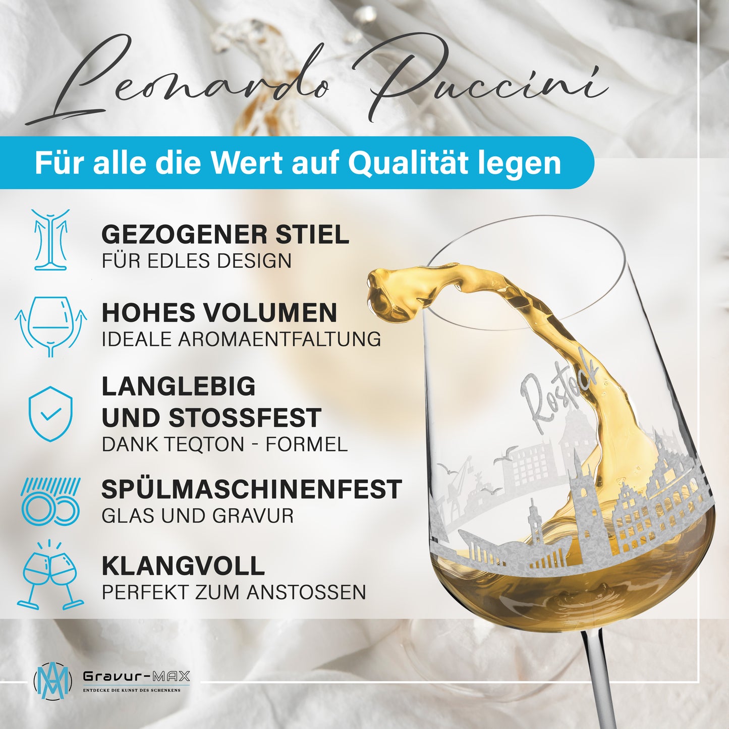 Weinglas mit Gravur Leonardo Puccini "SKYLINE ROSTOCK" optional mit Wunschname