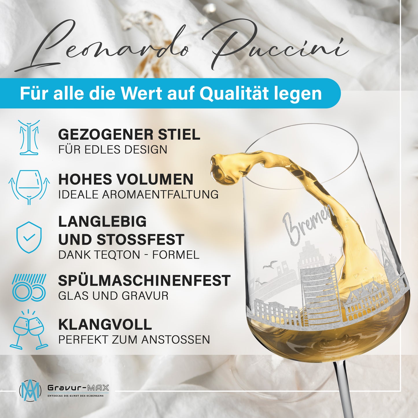 Weinglas mit Gravur Leonardo Puccini "SKYLINE BREMEN" 2 Gläser optional mit Wunschname