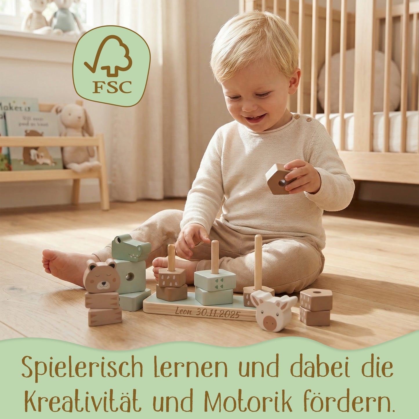 Jollein Stapelturm personalisierbar mit Name & Datum aus FSC-Holz - Babygeschenk zur Geburt oder Taufe