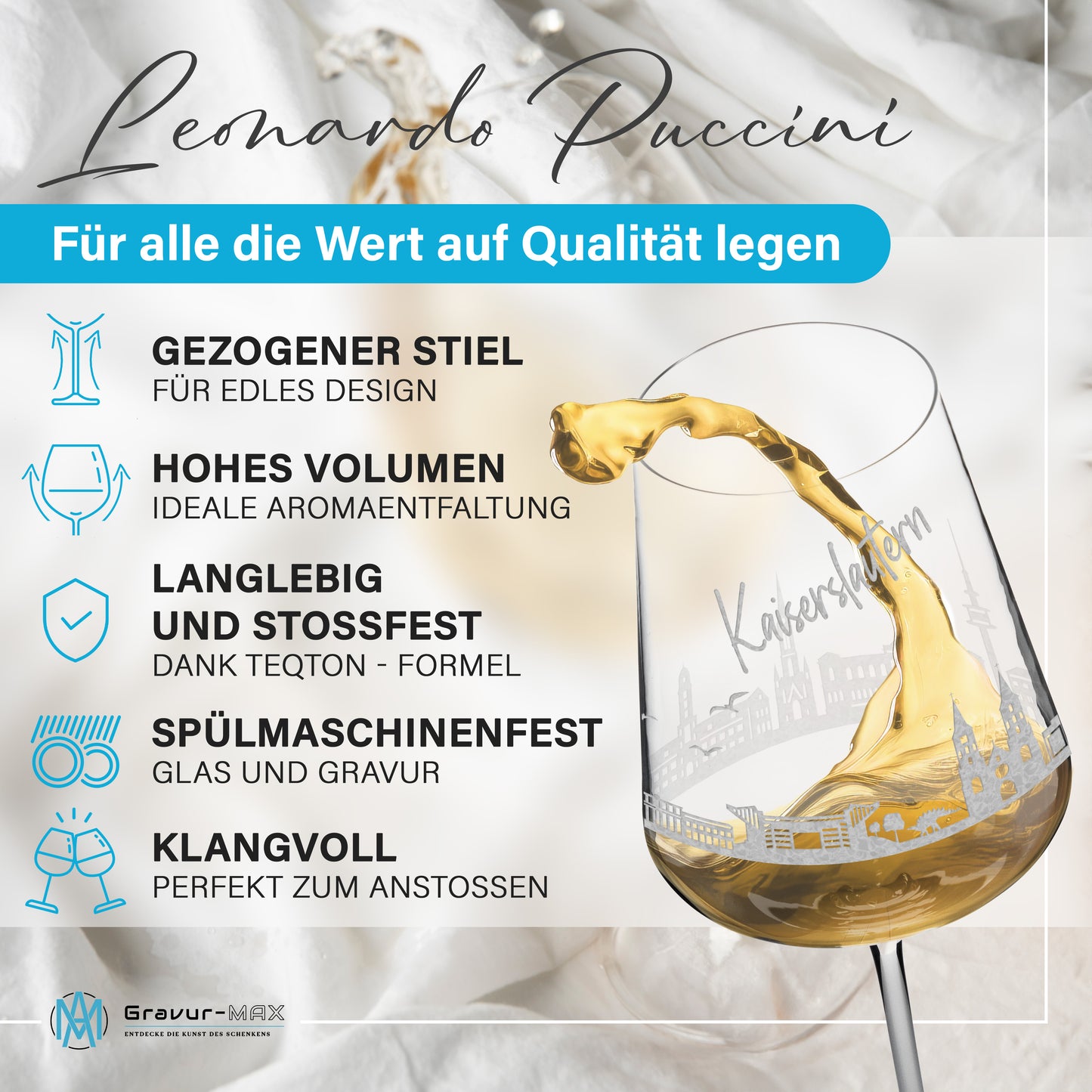 Weinglas mit Gravur Leonardo Puccini "SKYLINE KAISERSLAUTERN" optional mit Wunschname