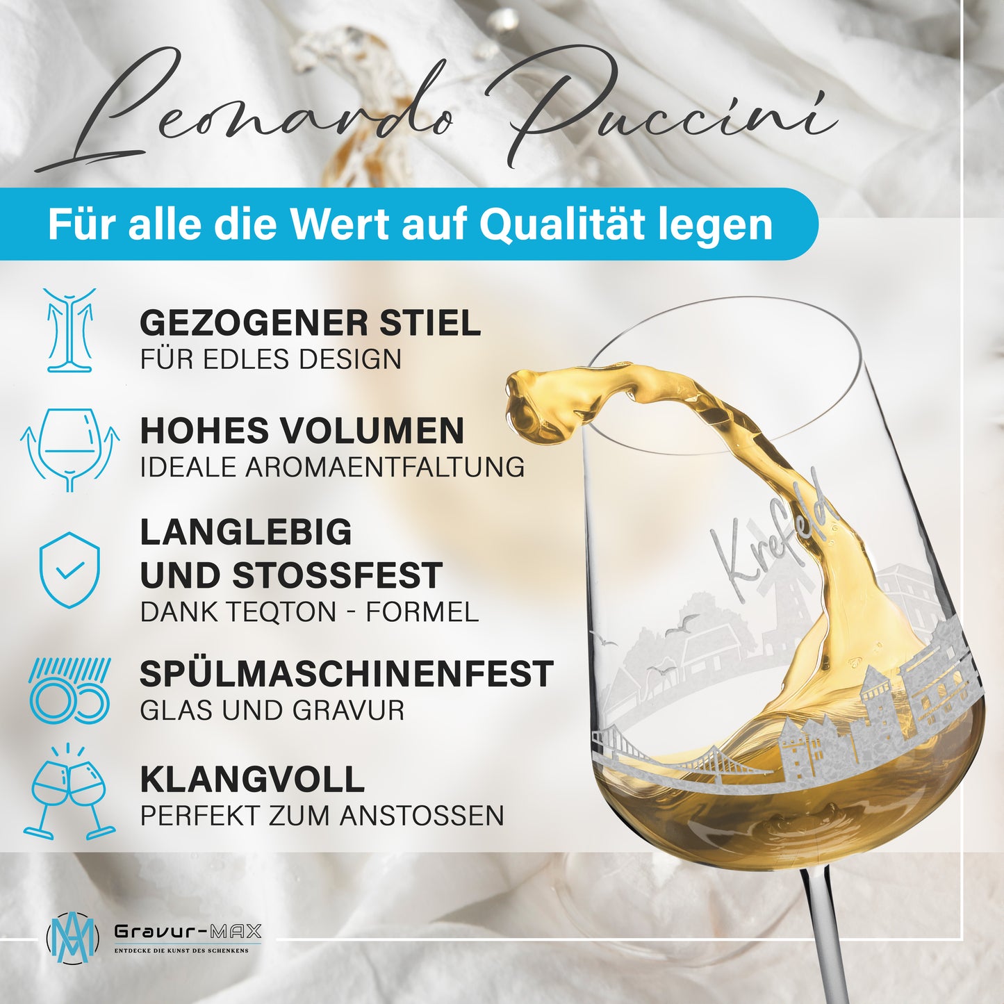 Weinglas mit Gravur Leonardo Puccini "SKYLINE KREFELD" optional mit Wunschname